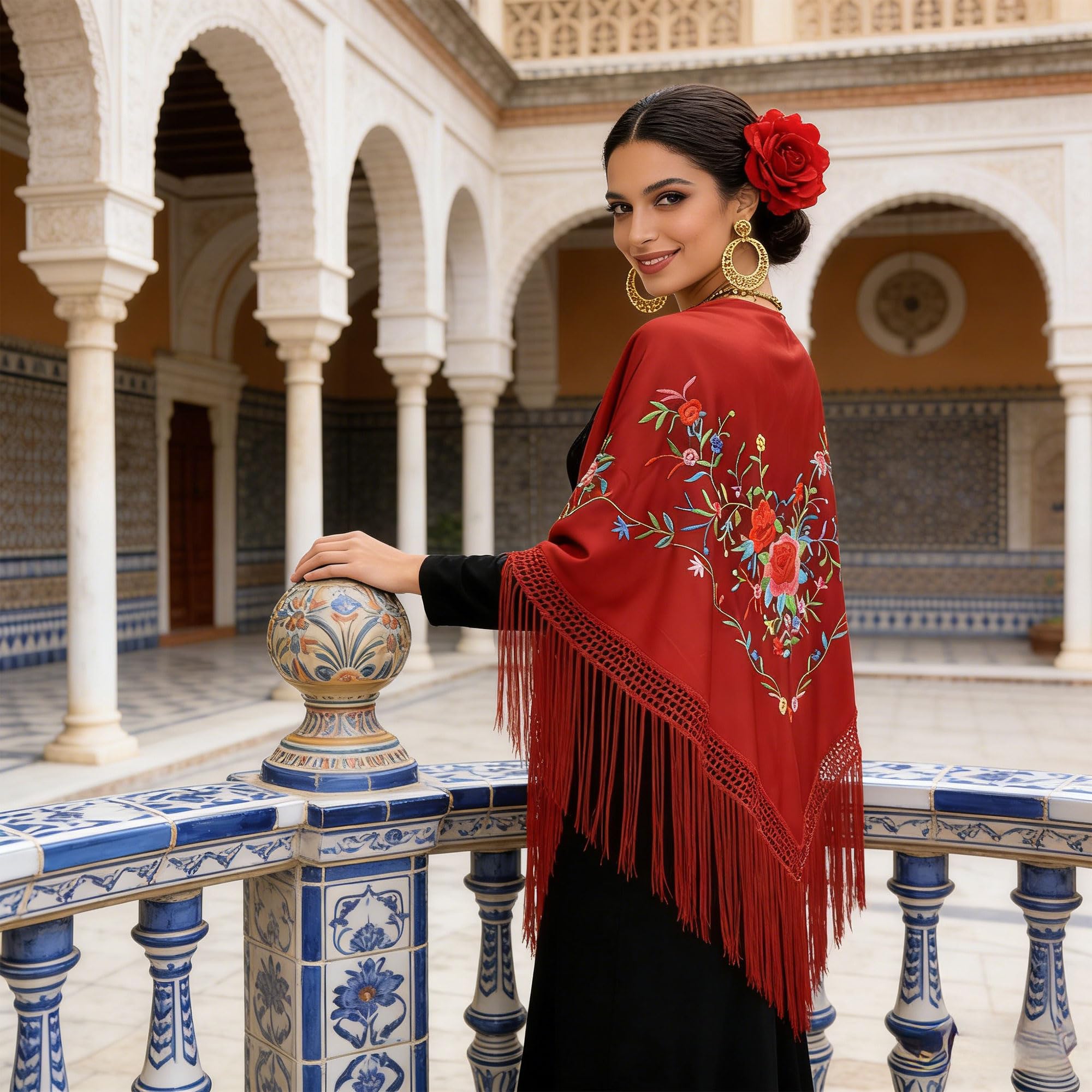 Wildarms Mantón de Sevillana Bordado con Flecos para Flamenco Feria Disfraz Baile Tradicional Mujer