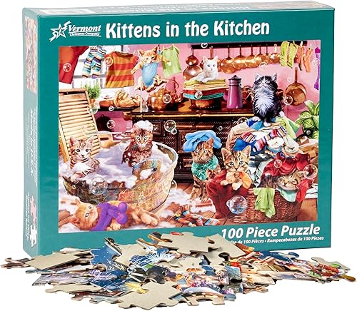 Miniatura 4 de Vermont Christmas Company Rompecabezas de 100 piezas de gatitos en la cocina, piezas grandes, perfecto para niños y personas mayores
