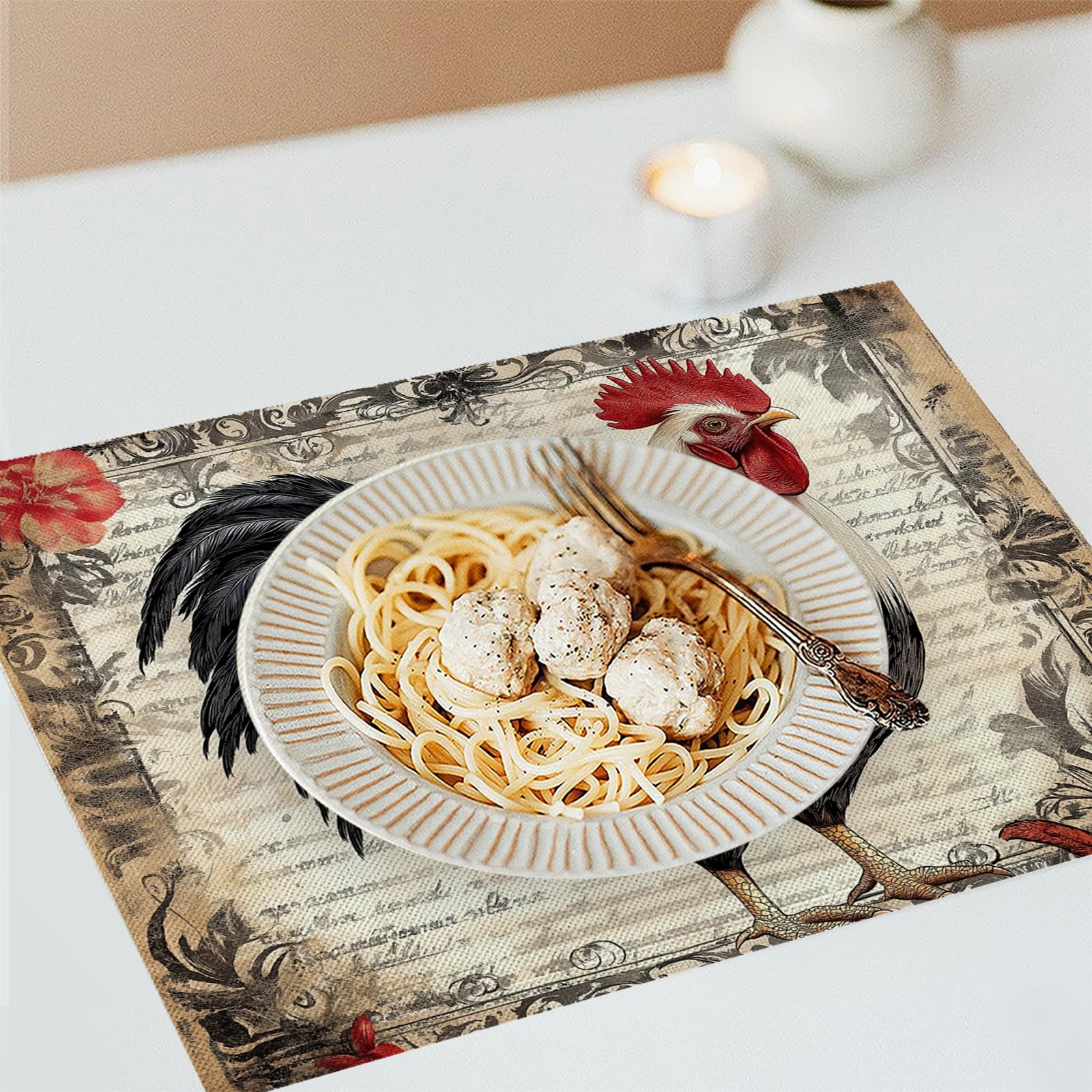 Tovaglietta Americana Animali retrò in Cotone Lino Rettangolare - Tovagliette Set di 8 Gallo di campagna Resistente al Calore per La Cucina, Il L'Ufficio, 30 x 45cm