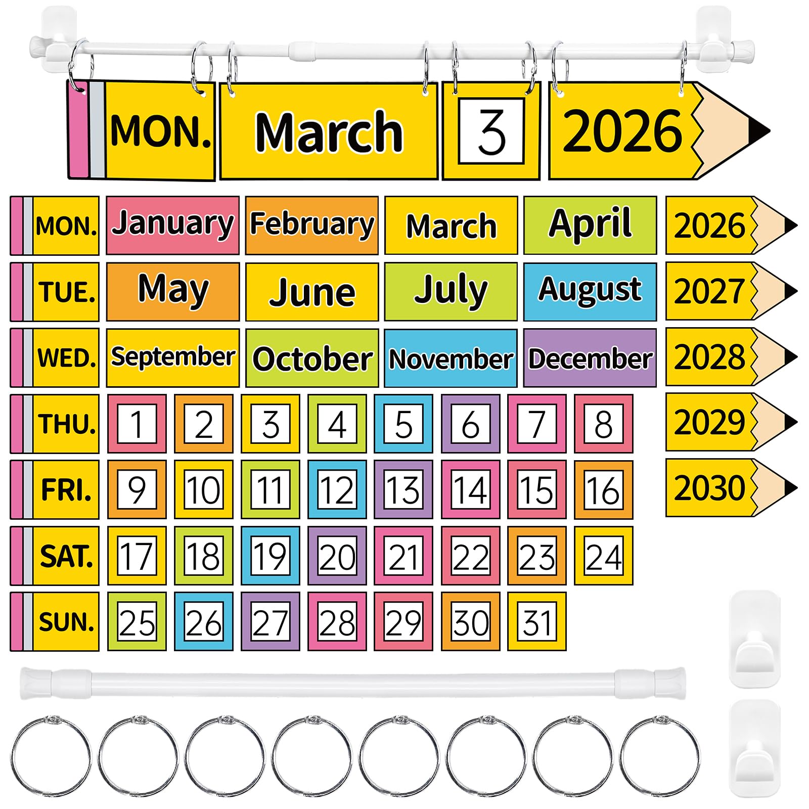 AnyDesign Bleistift-Klappkalender, buntes Pinnwand-Kalender-Set mit 55 Jahres-, Monats-, Wochendatumskarten und verstellbarem Stab, für Schulanfang, Klassenzimmer, Lehrerbedarf