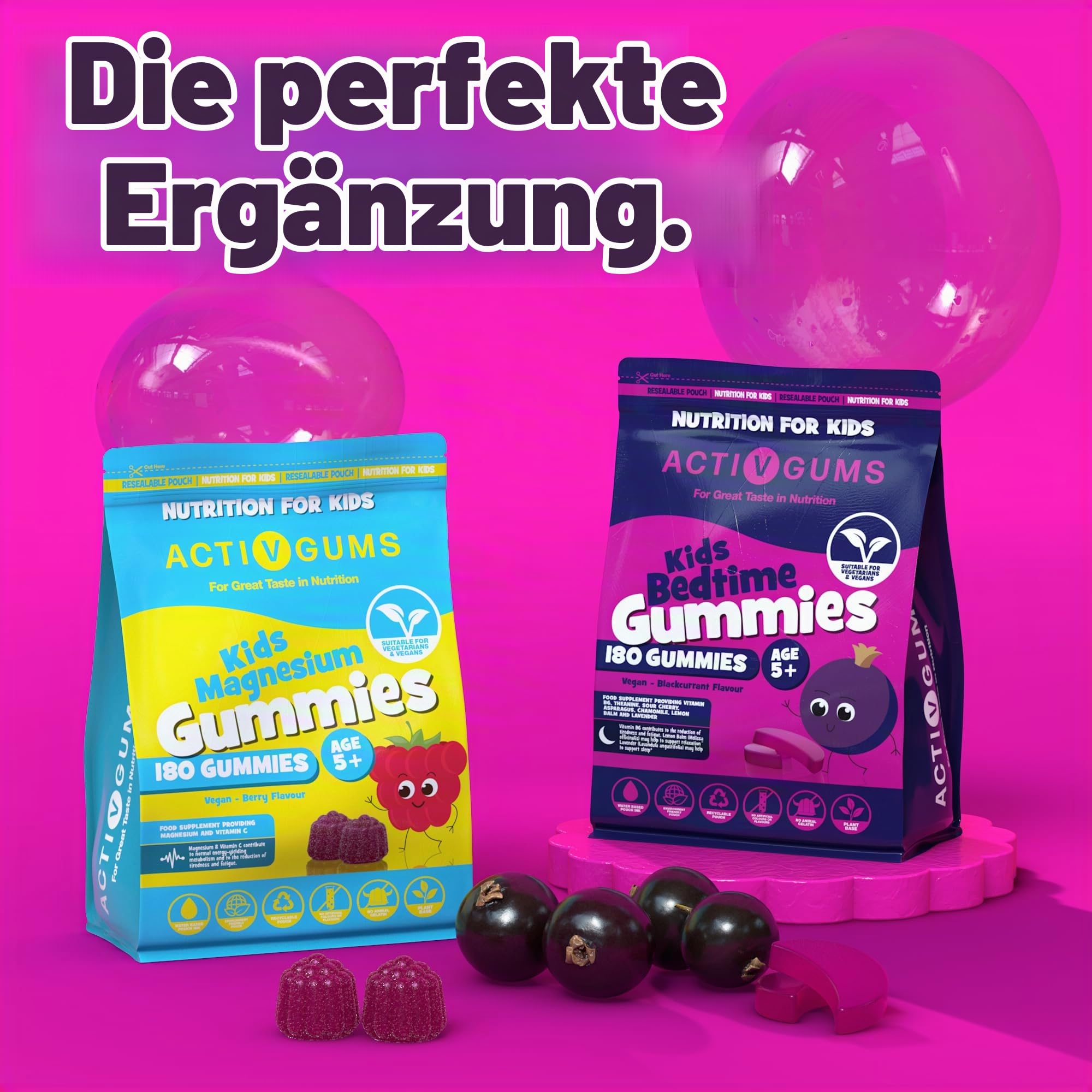 Kinder schlafen 180 vegane Gummis | Johannisbeer-Geschmack | Melatonin & 5HTP-frei | Enthält Vitamin B6, Montmorency Kirsche, Kamille | Wiederverwendbare & recycelbare Tasche | Ab 5 Jahren| ActivGums®