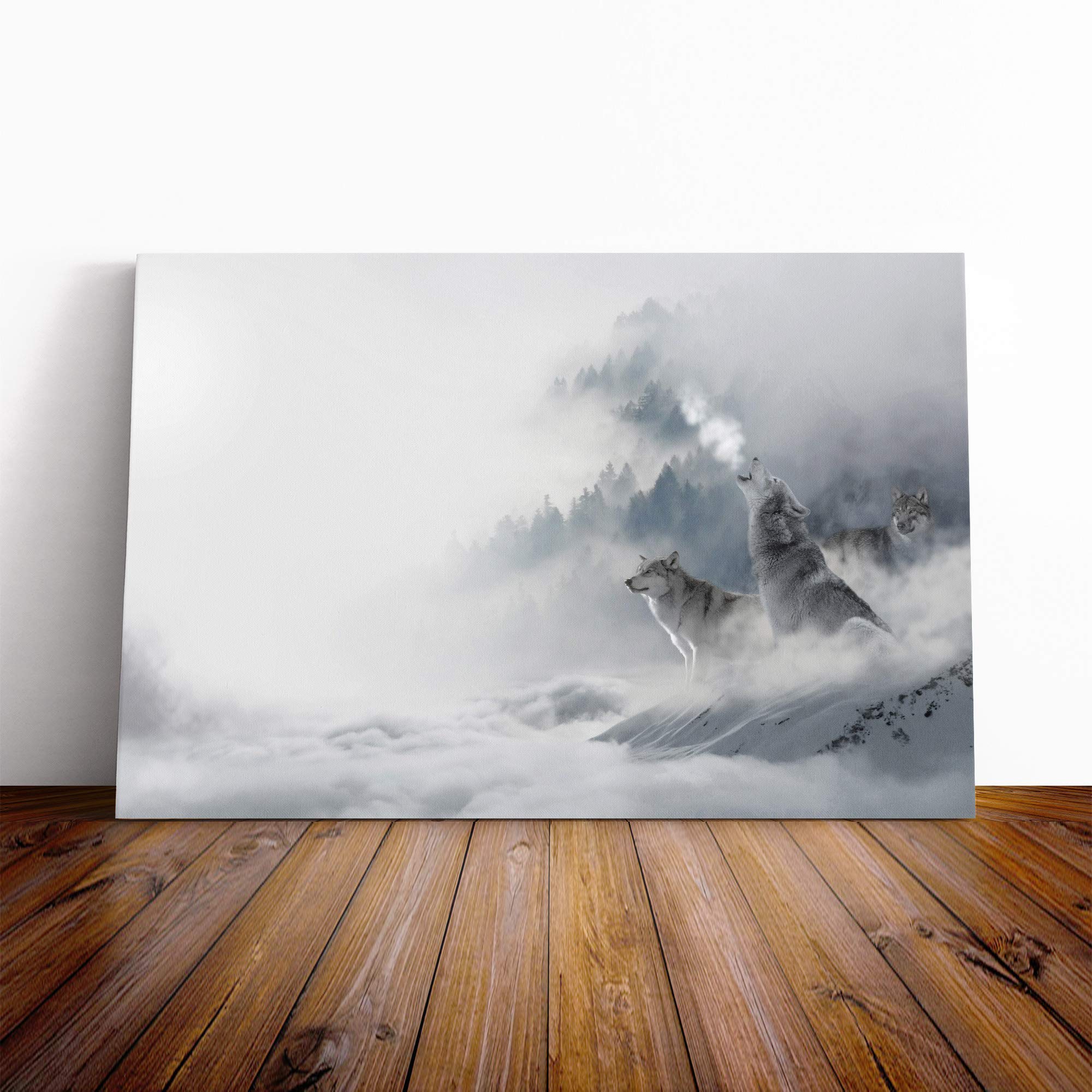 Wolves in The Winter Forest Landscape Canvas Print | Gallery Wrapped 30mm Frame Wall Art | 30x20 inches | Ready to Hang | Modern Landscape Picture | Living Room Bedroom Lounge Office