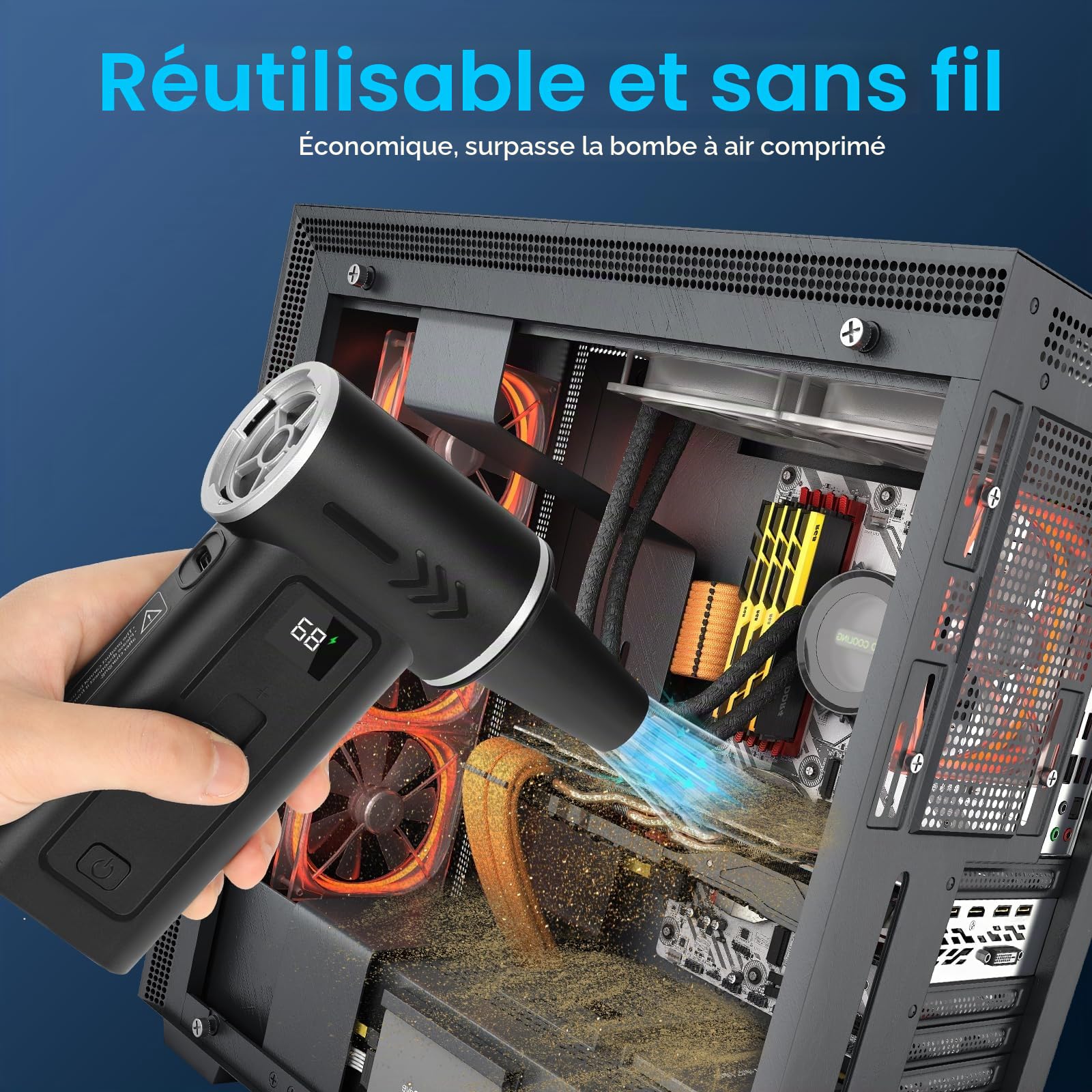 Souffleur Air Comprimé 2-en-1 Dépoussiérant Électrique & Aspirateur 180000 TR/Min, Batterie 8000mAh, 100 Vitesses, Écran Digital, Nettoyage PC, Clavier et Voiture, USB-C (Noir)