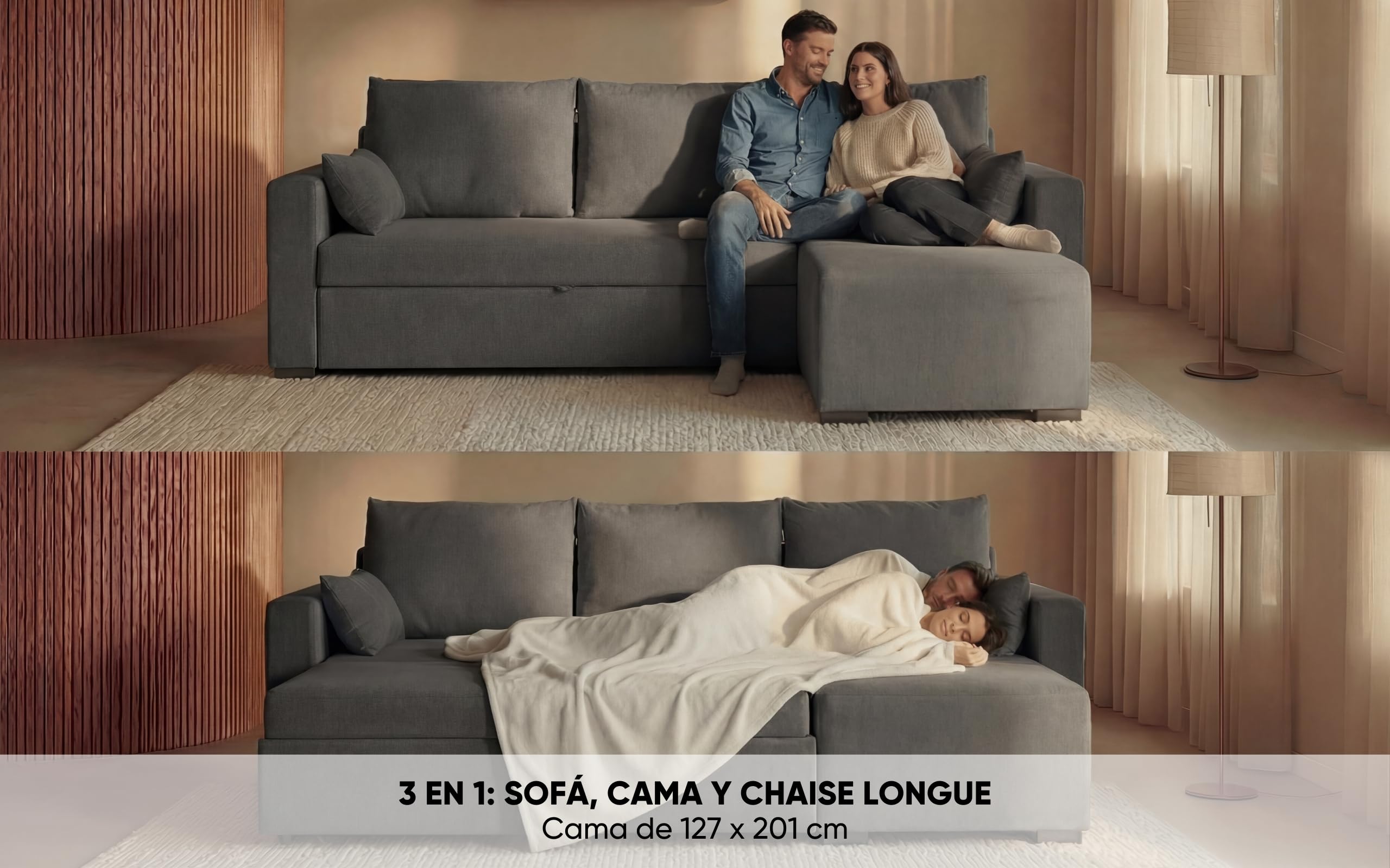 BUDWING Leah Sofá Cama Esquinero 3 Plazas - Chaise Longue Reversible y 2 Cojines Decorativos – Tapizado en Poliéster – Estilo Moderno – 233x124x69 cm – Gris Oscuro
