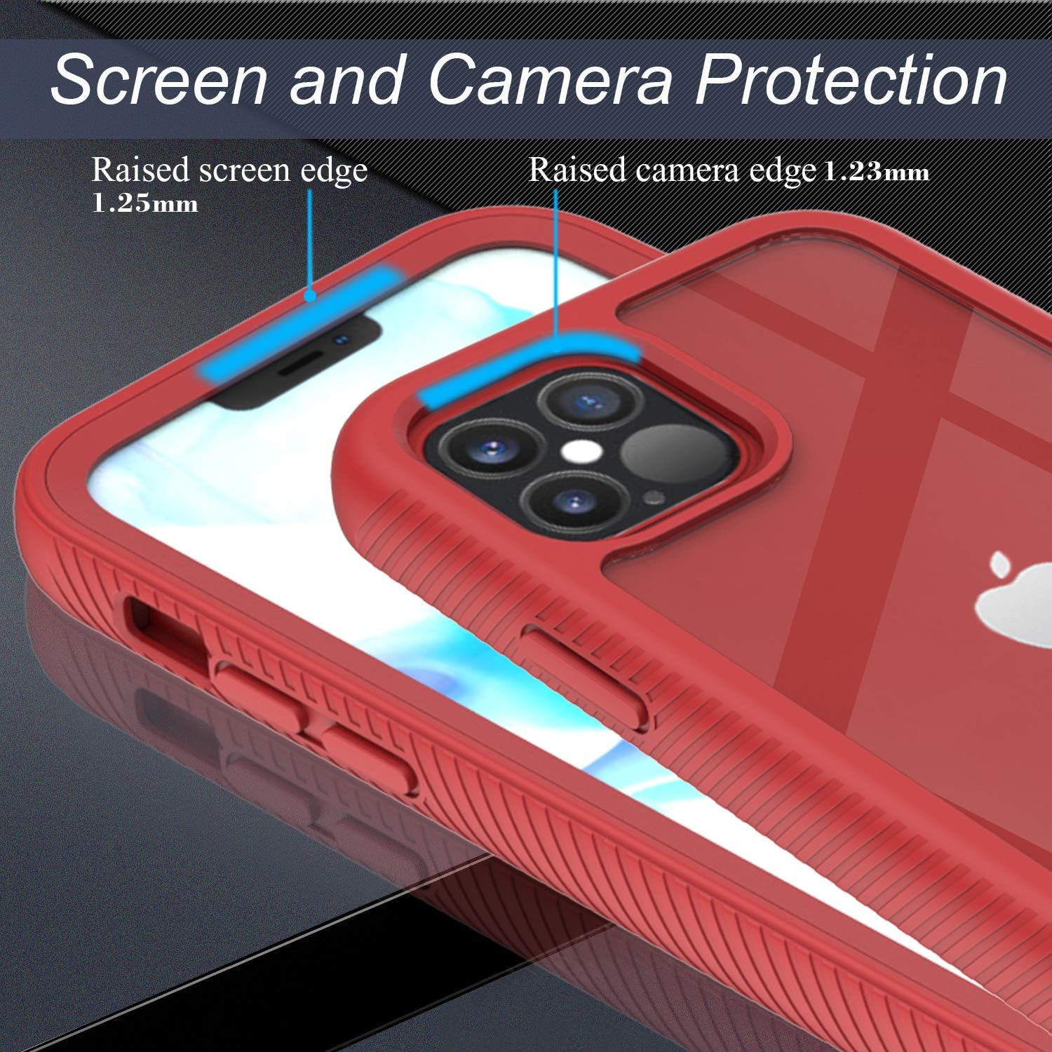 CellEver Compatible with iPhone 12 Case and iPhone 12 Pro Case, Clear Full Body Heavy Duty Protective Anti-Slip Transparent Cover (2X Glass Screen Protector Included) (6.1 inch, 2020) - Red