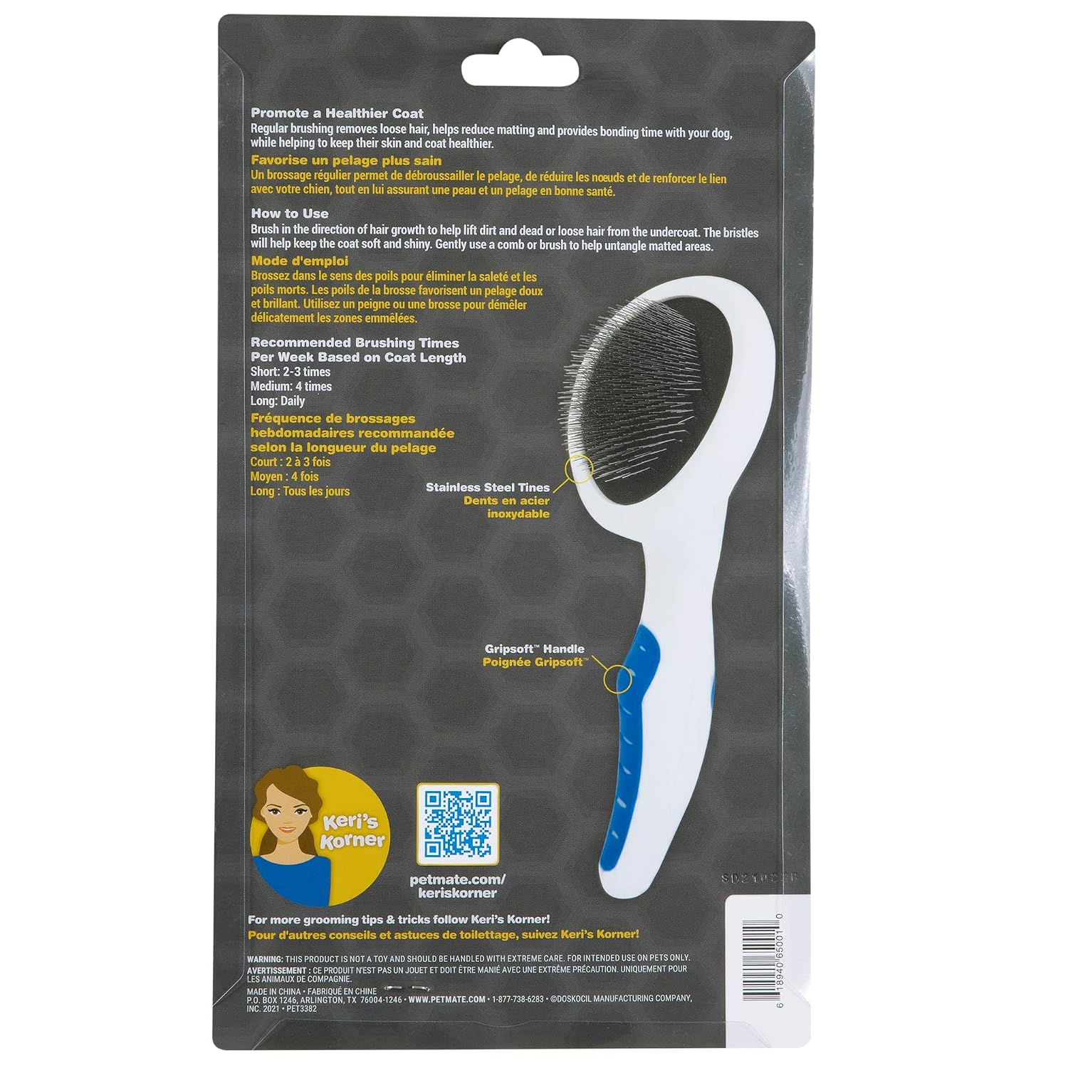 JW Pet Gripsoft Slicker Brush with Non-Slip Rubber Grip (Stainless Steel Tines), Dog Grooming Brush, Assorted Colors, Large, 10"