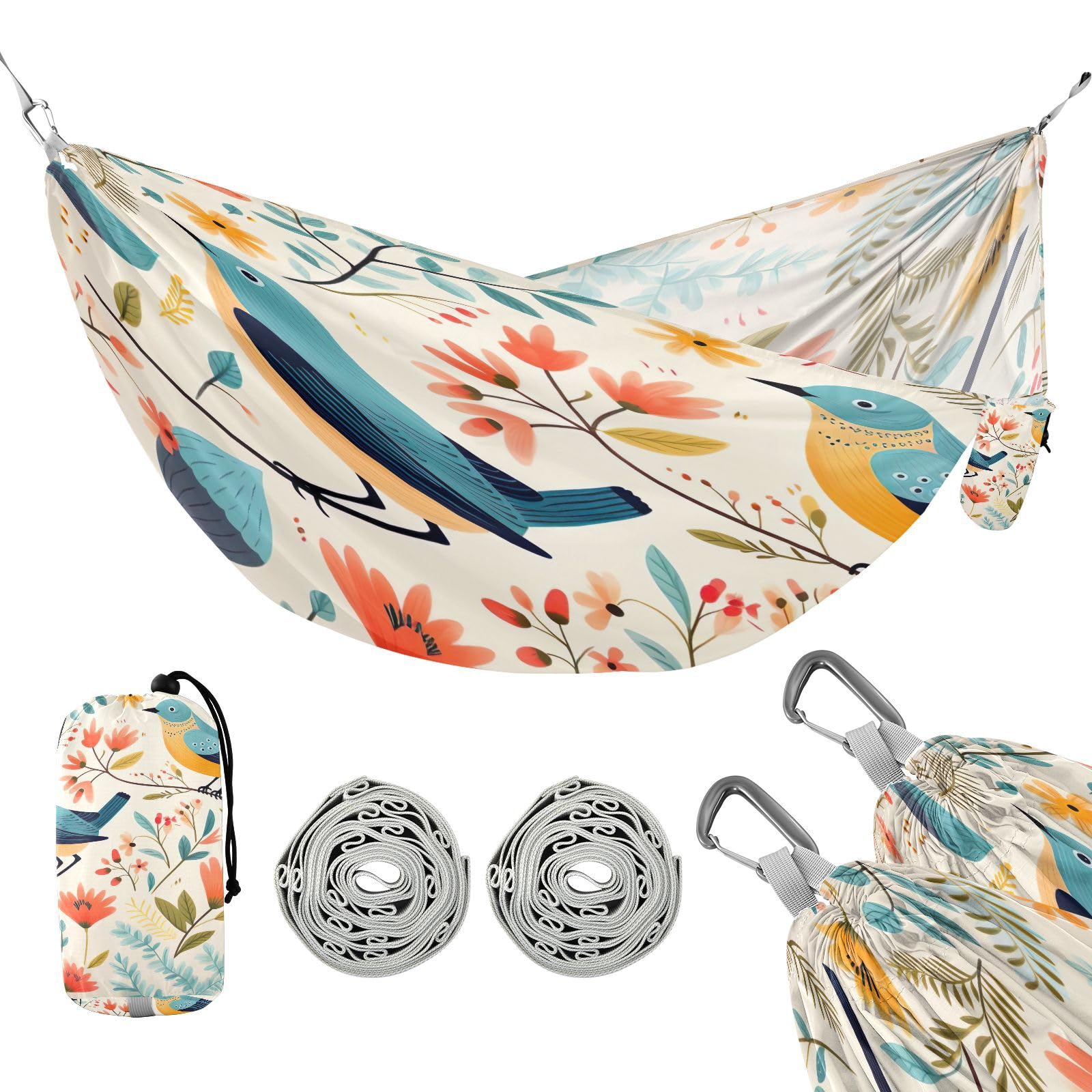 Kigai Flower Bird Camping Hammock Durable & Portable Travel Hammock Holds 330lbs with Tree Strapsm, Pocket, Camping Accessories