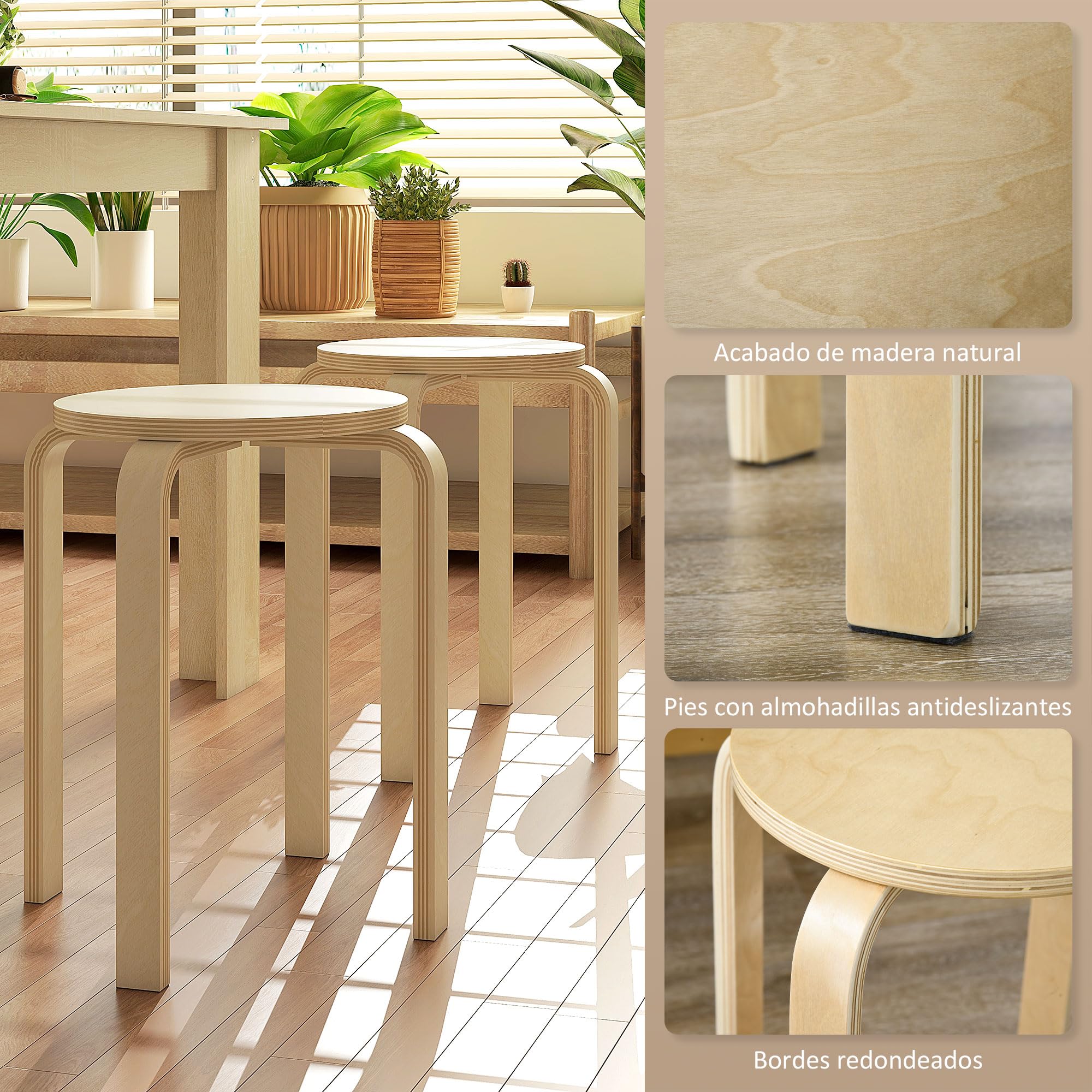 HOMCOM Taburetes Apilables Juego de 4 Taburetes Multiusos Madera Redondos Carga 120 kg para Cocina Salón Dormitorio Estudio Ø40x45 cm Madera Natural