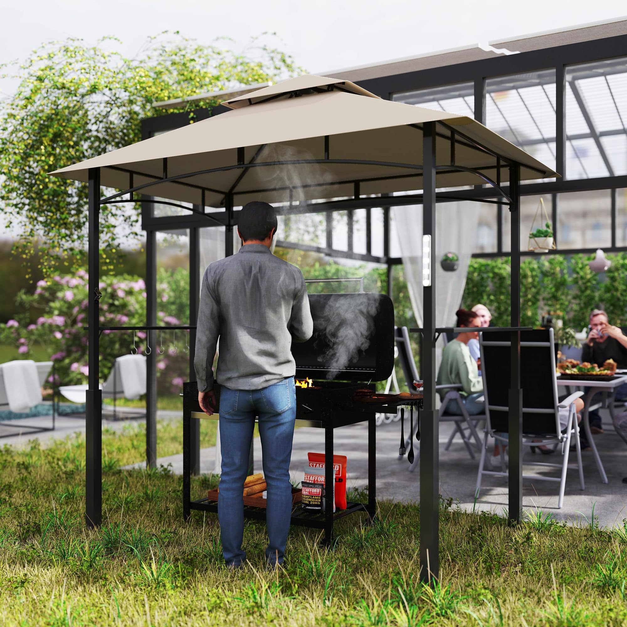 Outsunny Cenador de barbacoa de dos niveles, toldo de recepción para jardín, con luz LED, gancho de techo 2 estantes laterales 240 x 150 x 250 cm Caqui