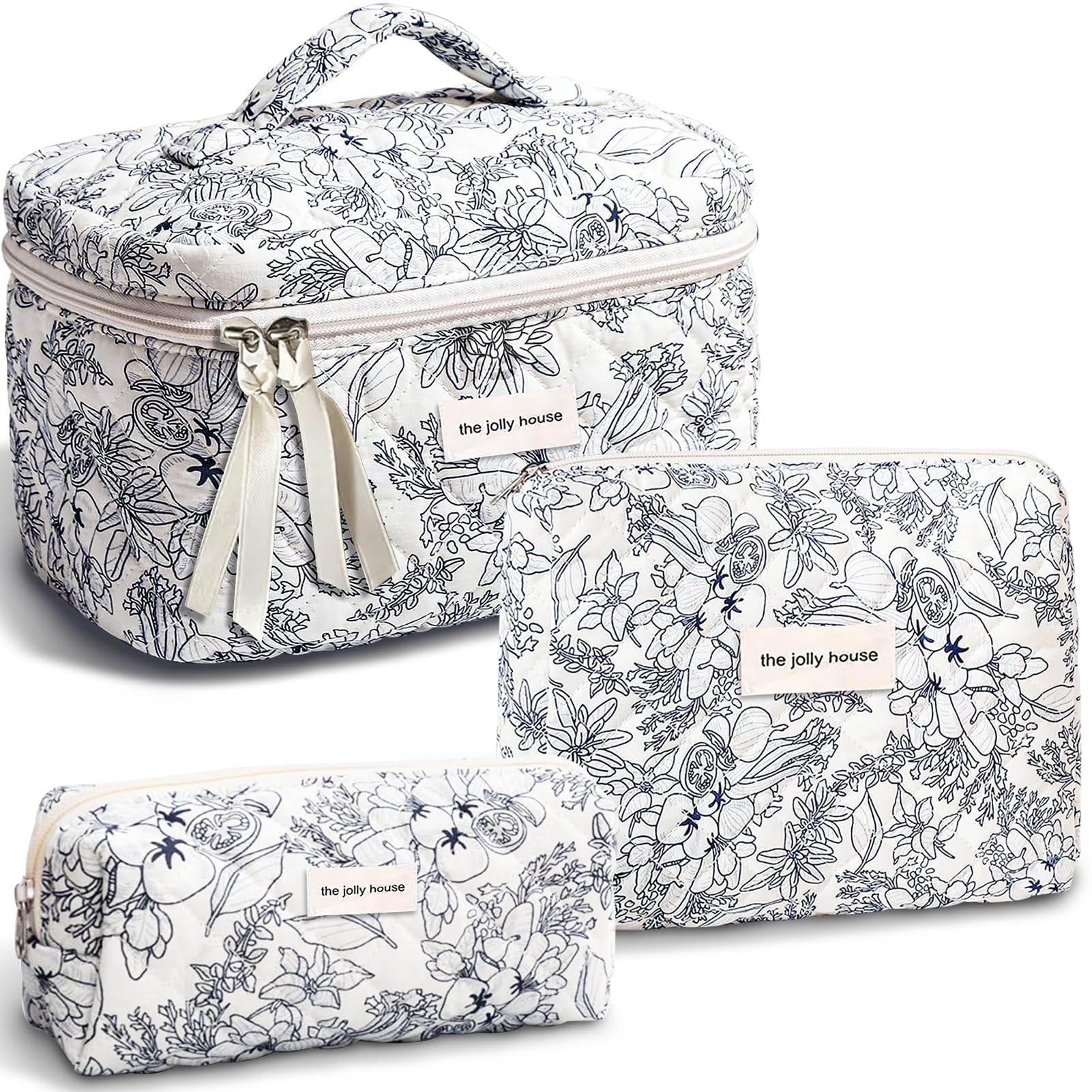 TOPALL Floral Cotton Quilted Makeup Bag - Classic Toiletry Cosmetic Pouch for Women Girls - Cyan Flower (Large + Medium + Pouch)