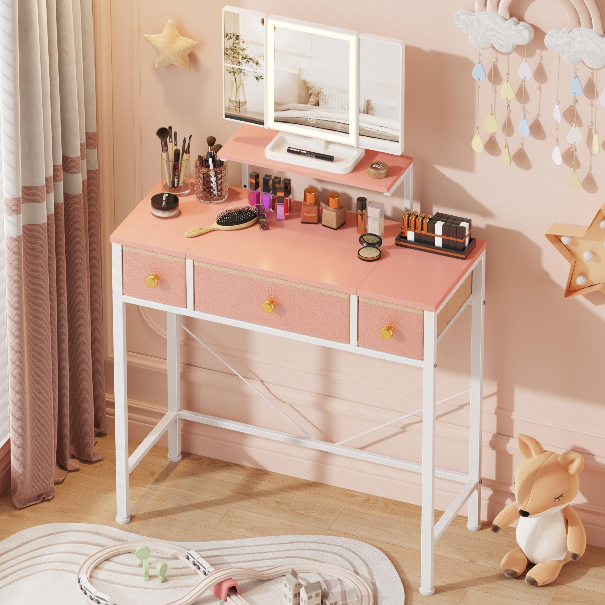 Small Makeup Vanity Desk 27.5''W with Mirror and Lights, Vanity Desk with 3 Fabric Drawers and Height-Adjustable Stand, Vanity Table for Girls Gifts, Bedroom and Small Spaces, Pink-image-22
