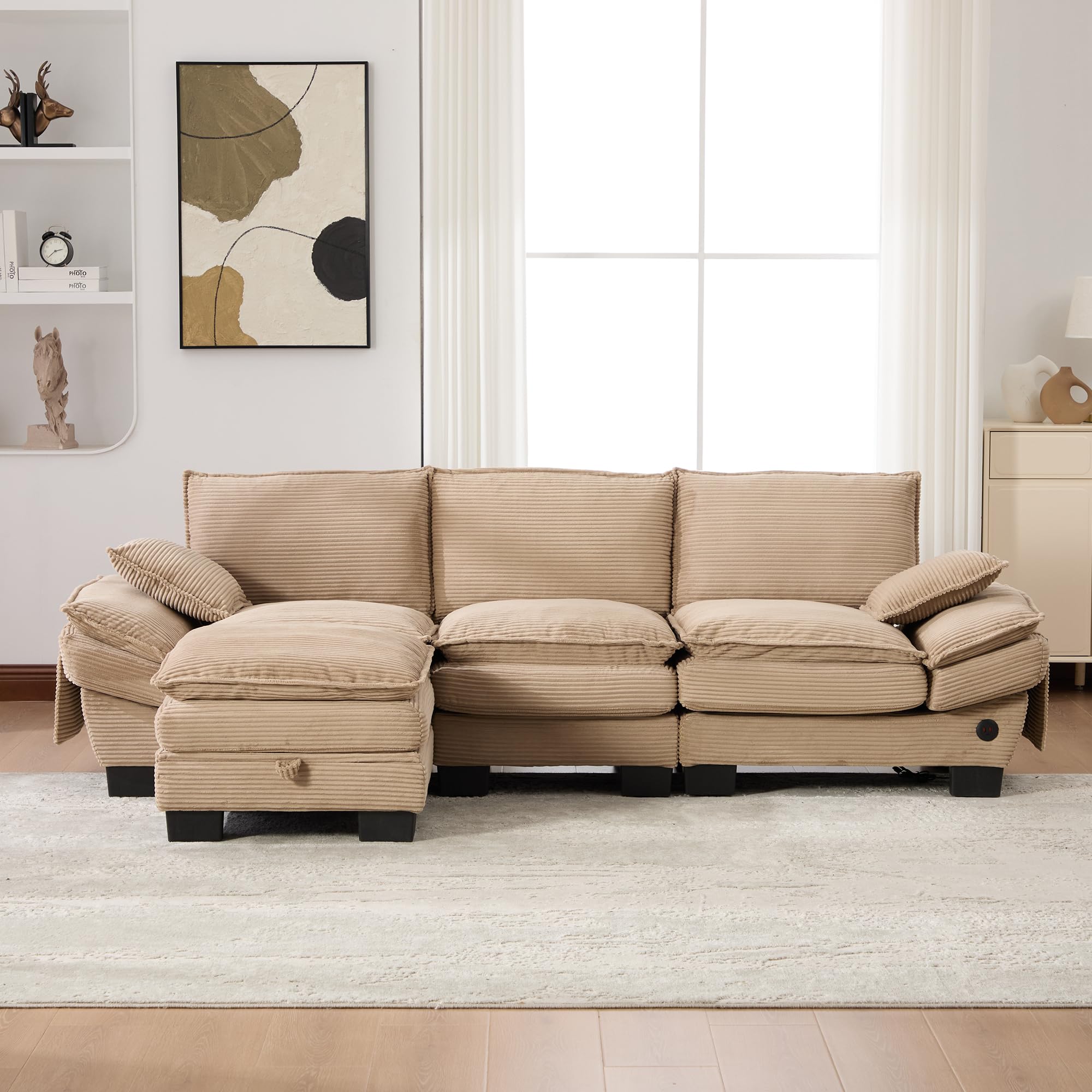 Modułowa sofa 3-osobowa z 1 taboretem, ergonomiczna szerokość siedziska z przyłączem C, sofa do salonu z bocznymi kieszeniami, do salonu, sztruksowy, khaki