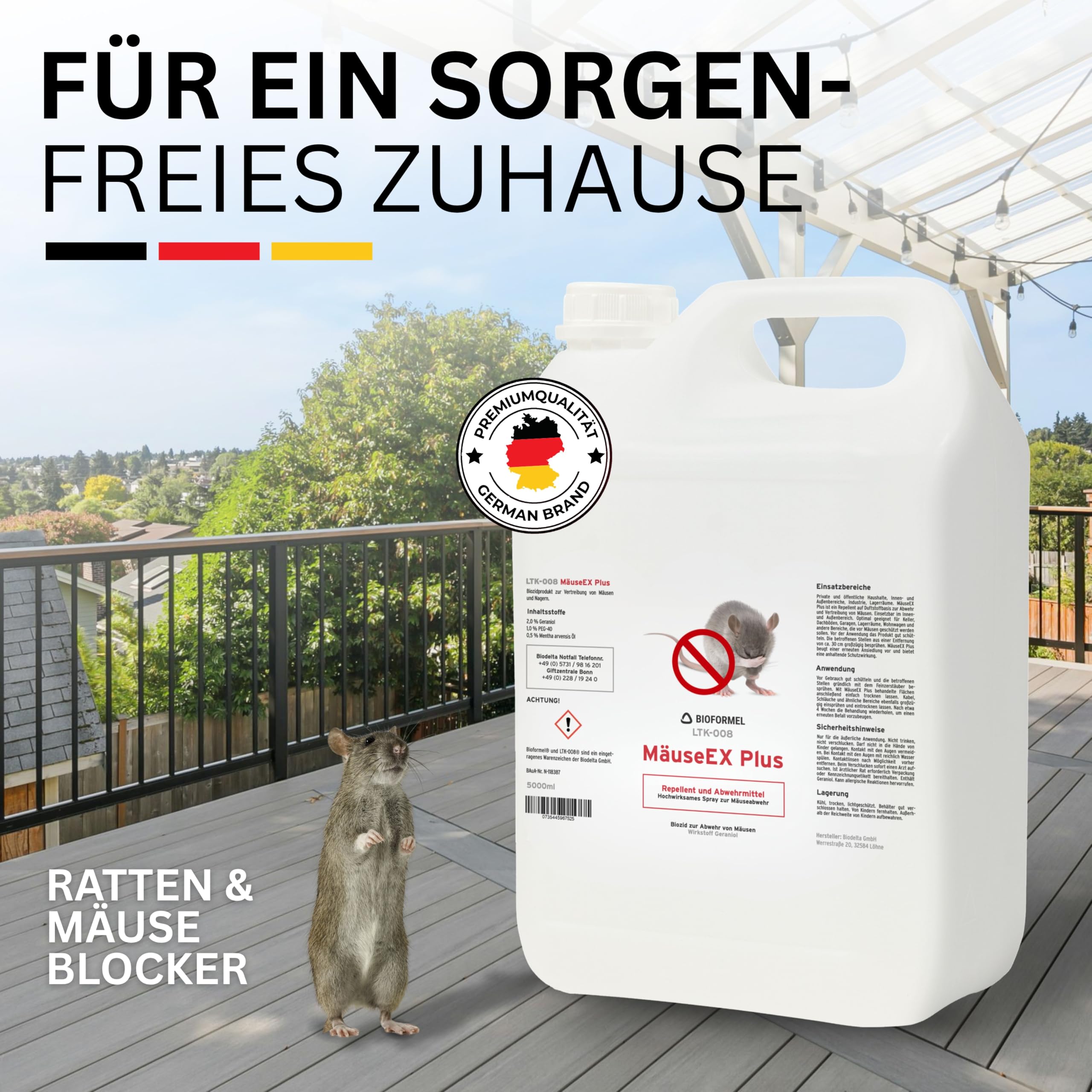 BIOFORMEL Mäuse Ex Spray Plus 5L - Mäuseabwehr & Rattenabwehr - Mäuse vertreiben Abwehrmittel Ratten - Mäusebekämpfung Indoor & Outdoor - Anti Ratten - Spray Mausspray - Wirkstoff Geraniol