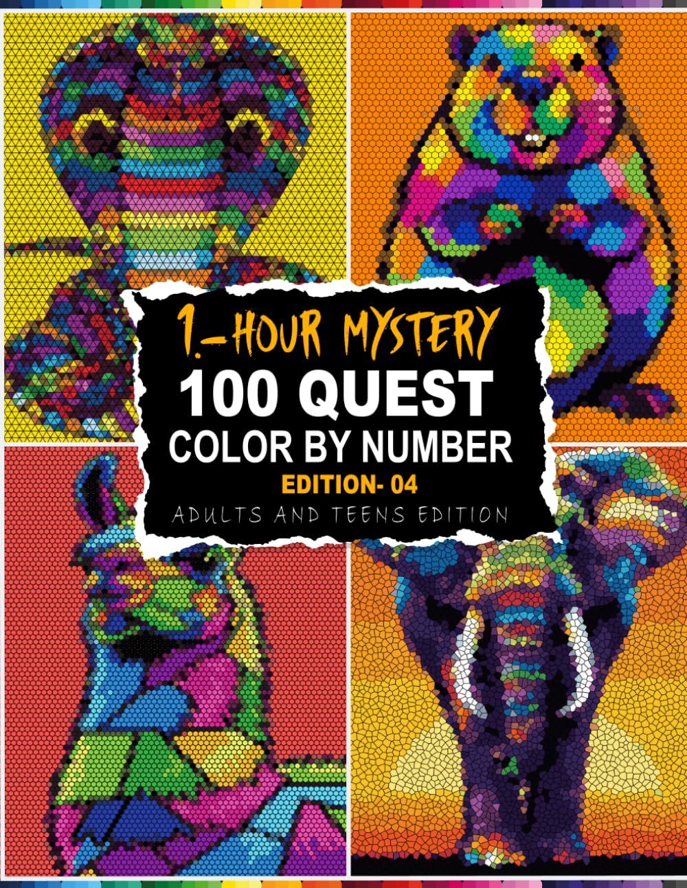 100 QUEST 1-HOUR MYSTERY MOSAIC: 100 Mystery Mosaic Color By Number with 5 Unique Shapes & Master Color Palette | 1-Hour Per Page Stress Relief Activity for Adults and Teens | Edition 04