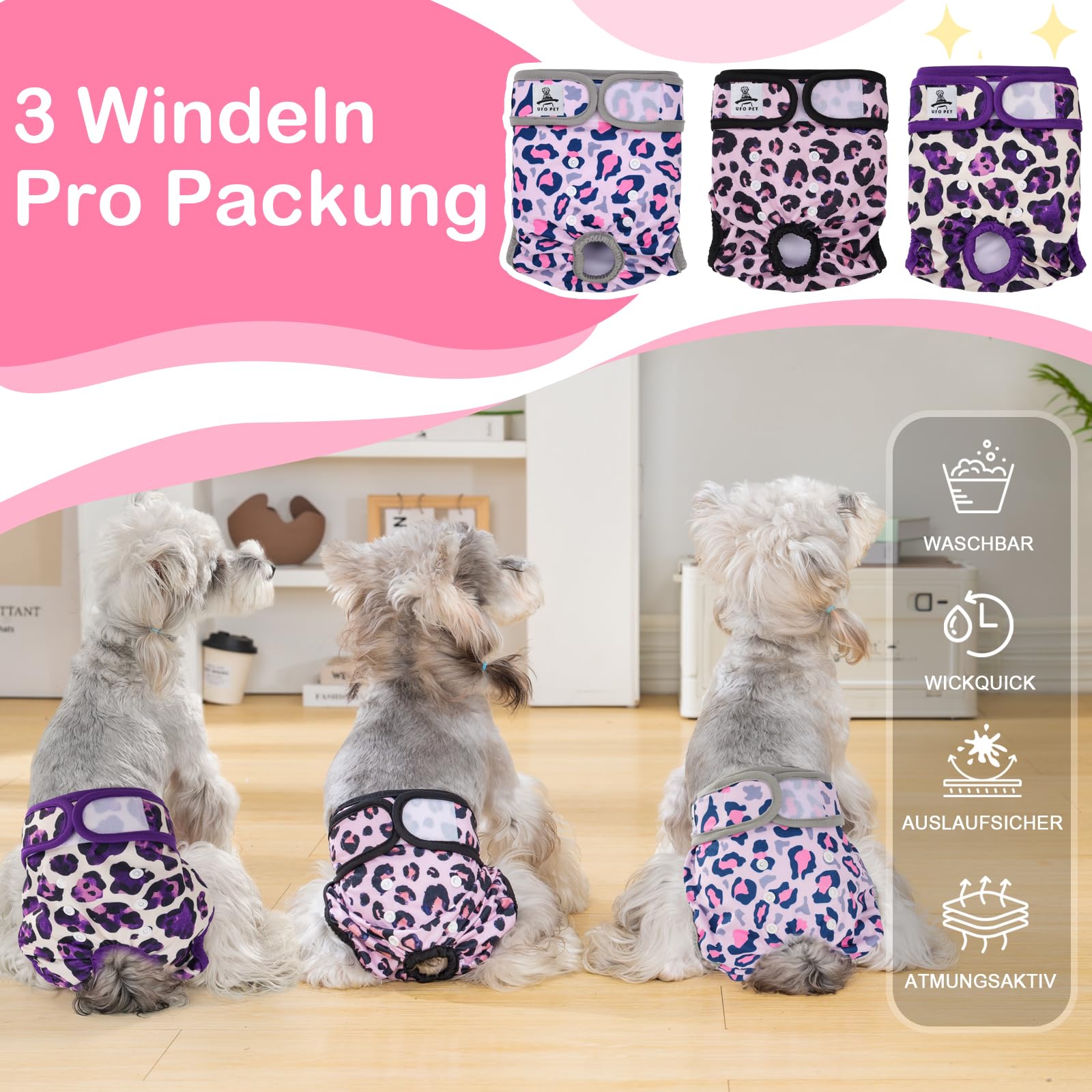 Wiederverwendbare Hunde Windeln Weiblich, Läufigkeitshose für Hündinnen M (3 Stück), Hochsaugfähige Hundewindeln für Hündinnen mit Starkem und Flexiblem Verschluss - Leopardenmuster