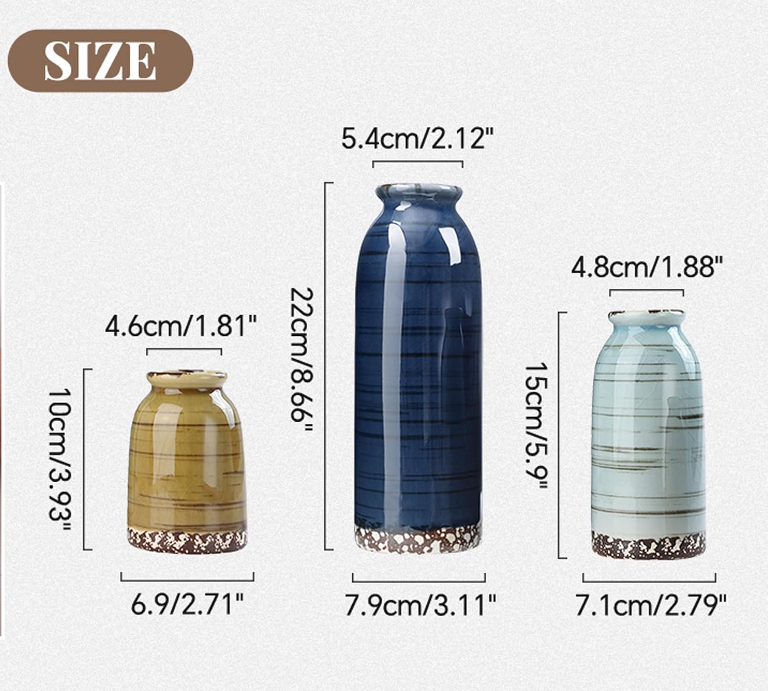 Ceramic Vase Set of 3, Farmhouse Decorative Vase for Pampas Grass, Living Room, Bathroom,Bookshelf, Centerpieces (Blue/Navy Blue/Yellow) - Image 2