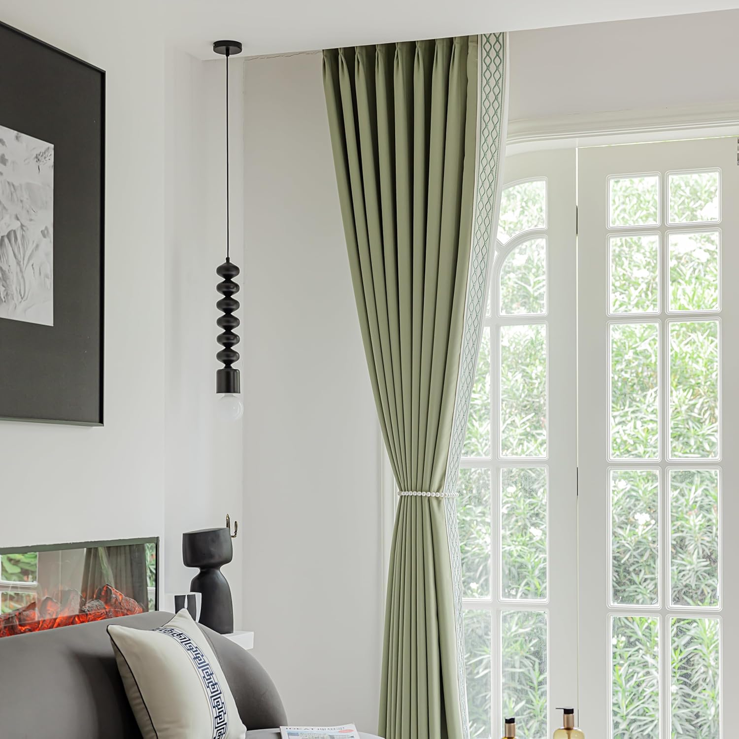 VisionaryHomeDesign Green Pinch Pleat Curtains, High End Curtains with Trim,Memory Pinch, Cotton Linen with Easy Installation (50W x 90L(2 Panels))