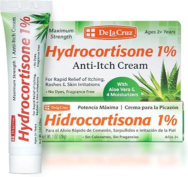 De La Cruz 1% Hydrocortisone Cream - Maximum Strength - Topical Anti Itch Hydrocortisone Cream with Aloe Vera and Moisturizers for Dry Skin, Redness, Dermatitis, Eczema and Rashes - 1 OZ 28g