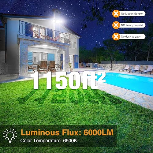 Miniatura 2 de Onforu Luces de inundación de 60 W para exteriores, 4 paquetes de luces de seguridad superbrillantes de 6000 lm, 3 cabezales ajustables, IP65