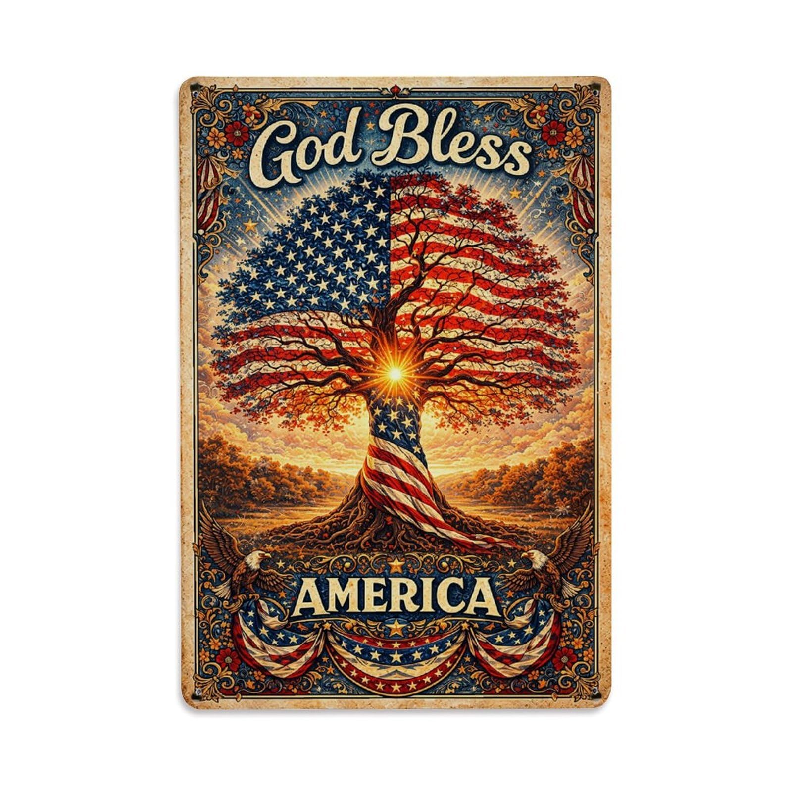 Nestemfo Vintage God Bless America Tree Flag Tin Sign Metal Sign, Living Room,Bar, Home, Bedroom Wall Decor,Retro Metal Poster 8X12 Inches