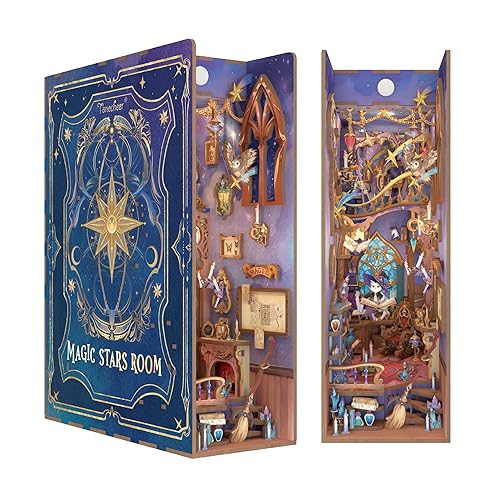 Tonecheer DIY Book Nook Kit for Adults,3D Wooden Puzzle Bookend Bookshelf Insert Library Bookstore Decor, Booknook Miniature House with Sensor LED Light (Magic Stars Room)