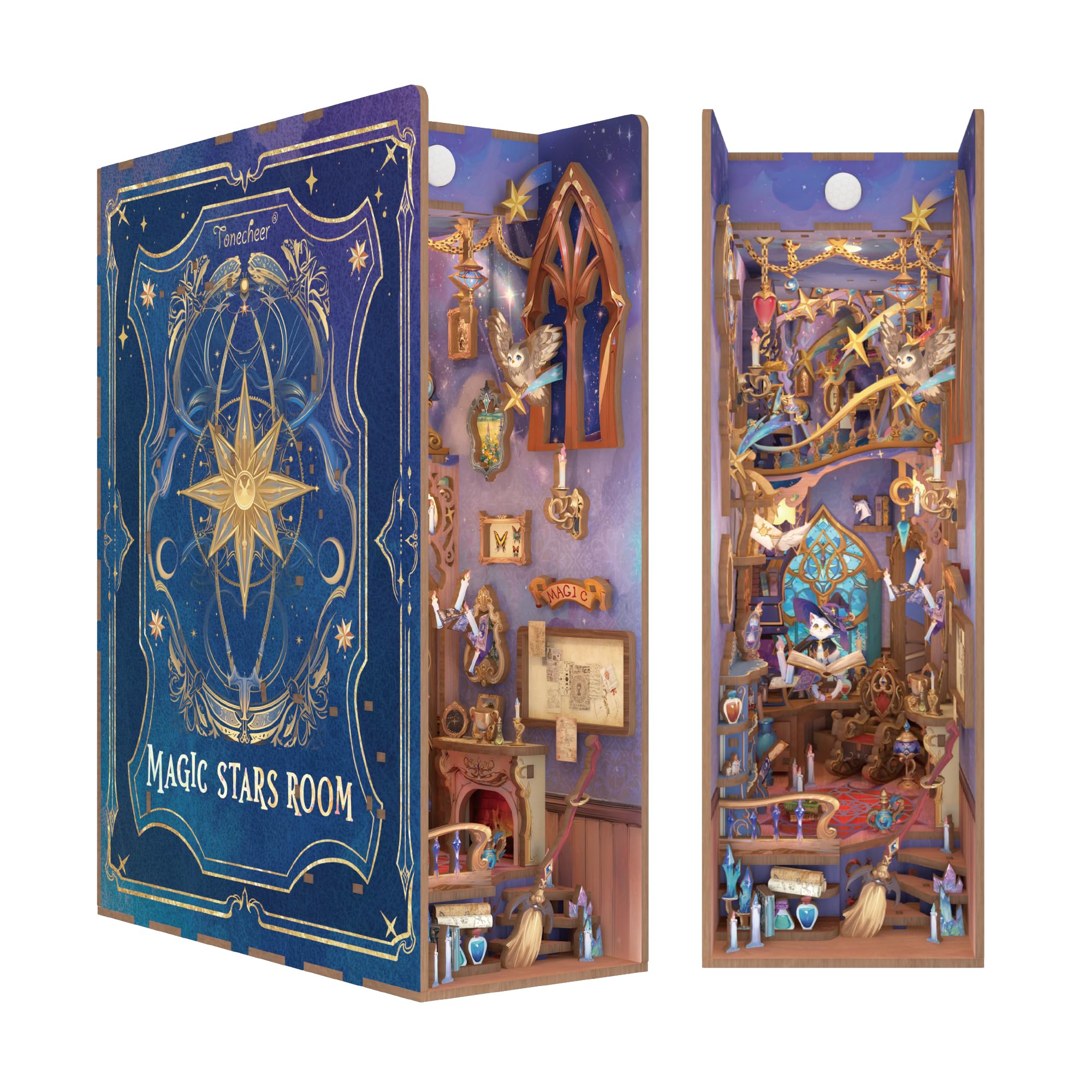 Tonecheer DIY Book Nook Kit for Adults,3D Wooden Puzzle Bookend Bookshelf Insert Library Decor, Booknook Miniature House Kit with Body Motion Sensor