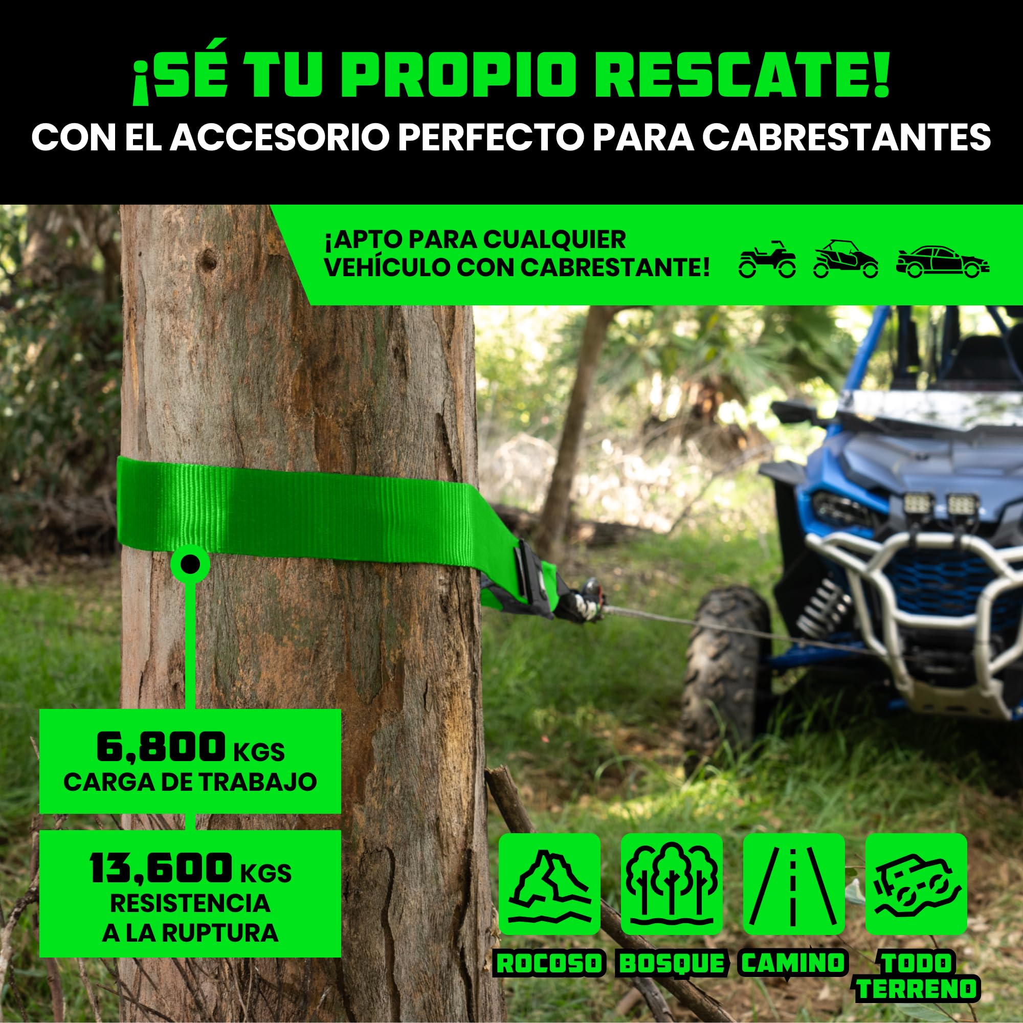 Rhino USA Cuerda de Remolque y Recuperación - Correa para Remolcar Desde Árbol 7.6 cm x 2.4 m - con Resistencia a Rotura de 13,600 kg - Extremos en Bucle Triple Refuerzo - Verde