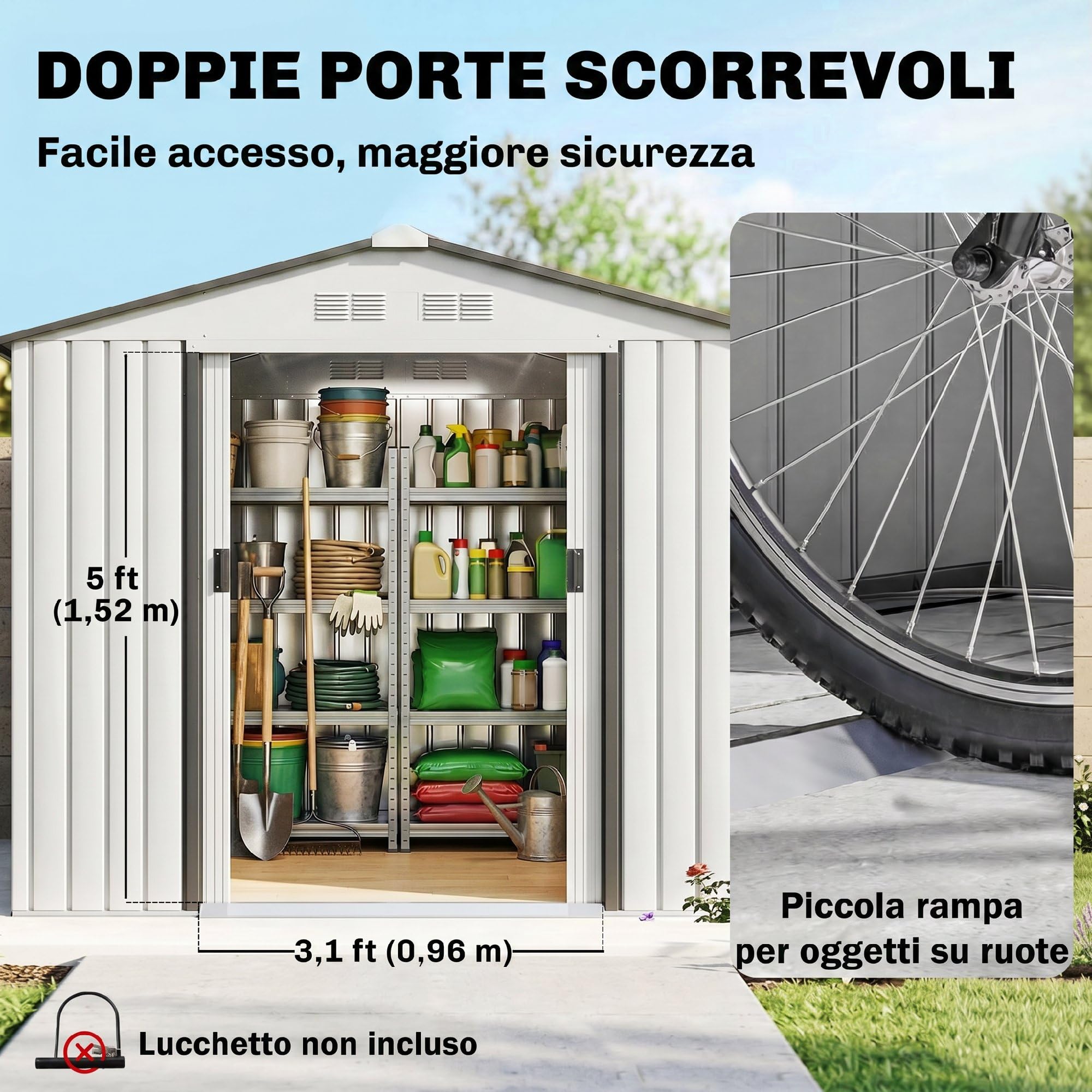 Outsunny Casetta da Giardino 2.5m² Acciaio Zincato con Basamento 213x130x185 cm Bianco Argentato