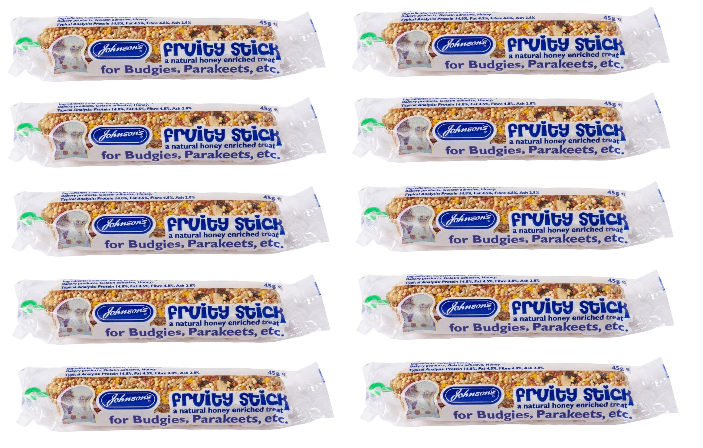 10 PACK JOHNSONS SUPER FRUITY STICK HONEY ENRICHED SMALL BIRD BUDGIE TREAT STICKS 45G