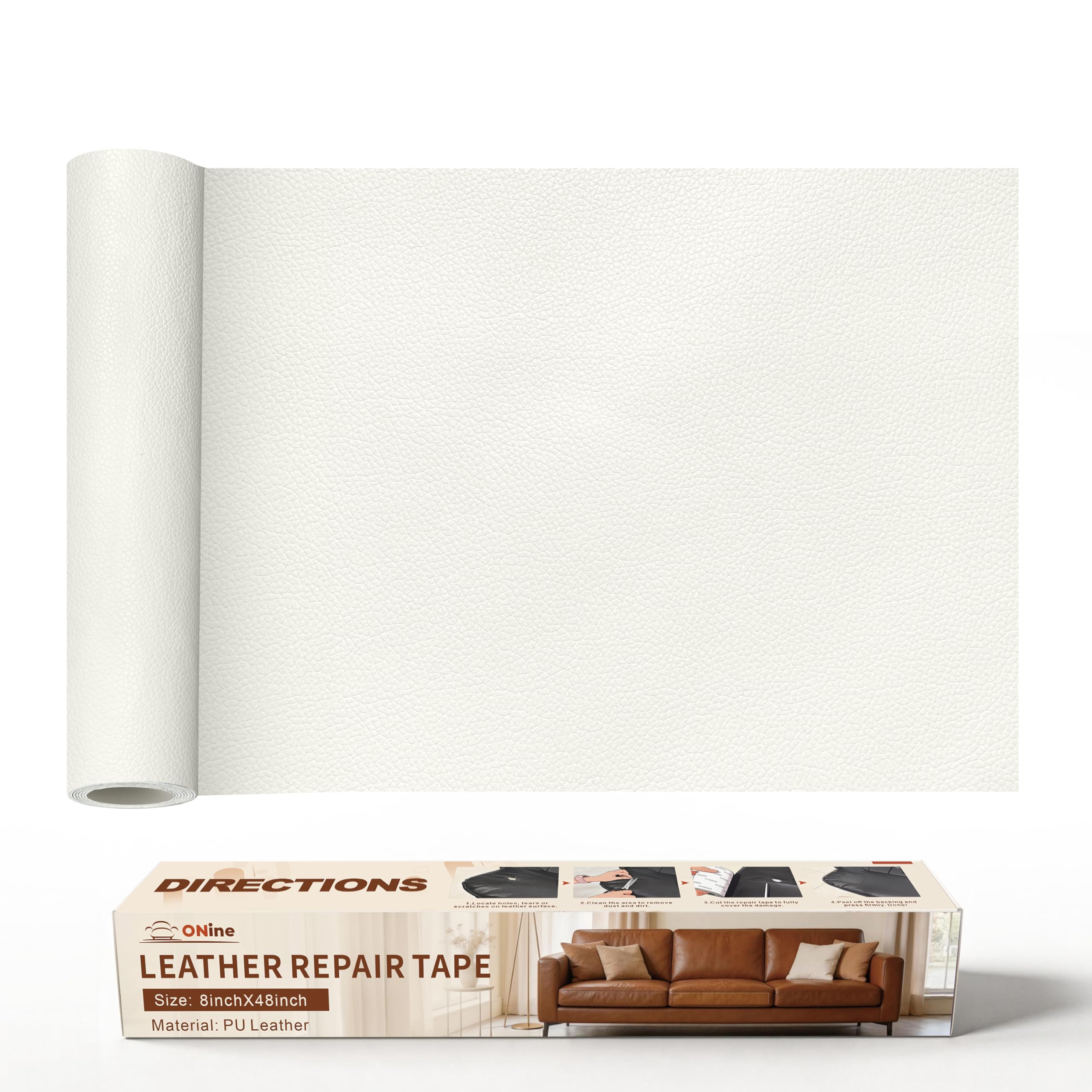 ONine Leather Repair Patch，Leather Repair Tape, 8 x 48 inches Leather Repair Patch for Furniture,Vinyl Repair kit，Leather Couch Patch，for Sofas, Furniture, car Seats(White-Litchi Grain)