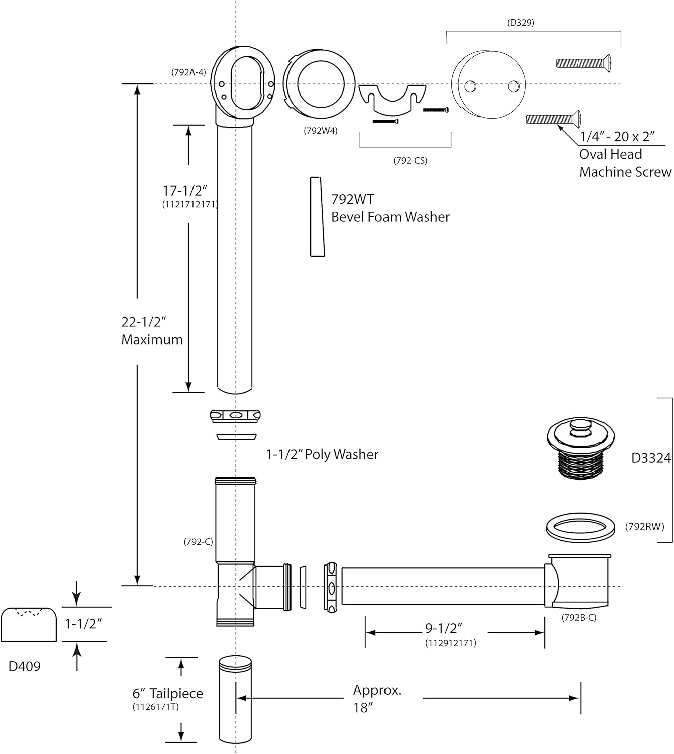 Westbrass D3265K-07 22" Bath Waste & Overflow Assembly with Pull & Close Drain Plug and 2-Hole Faceplate, Satin Nickel