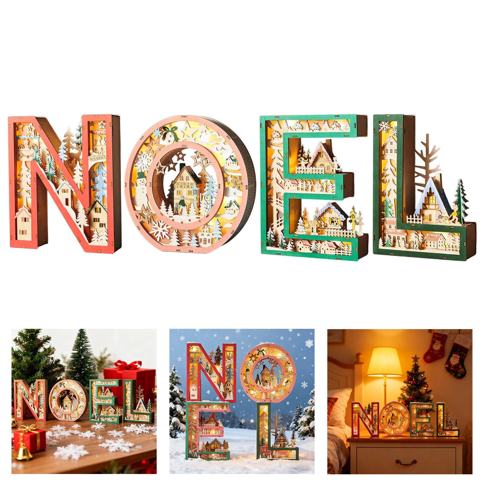 Decoración navideña de Madera Brillante con luz LED Lámpara de Escritorio de Madera con Letras Huecas para repisas Estante Exhibición de Entrada Decoración del árbol de Navidad