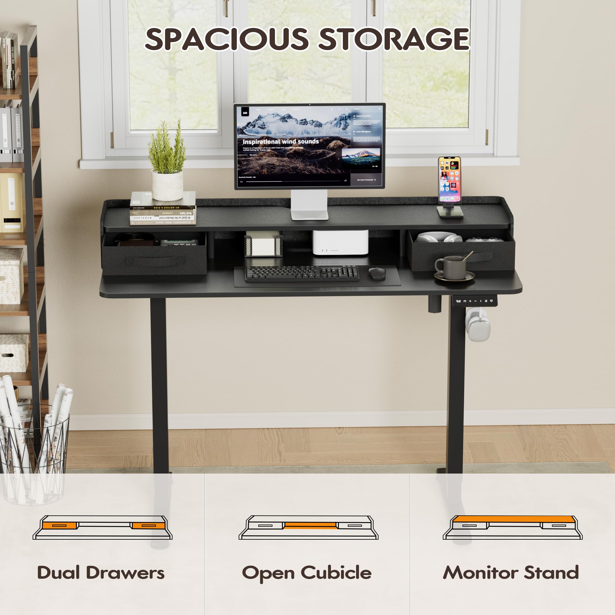 Furmax Electric Standing Desk with Two Drawers Ergonomic Stand Up Desk with Storage Shelf Height Adjustable Computer Standing — view 5