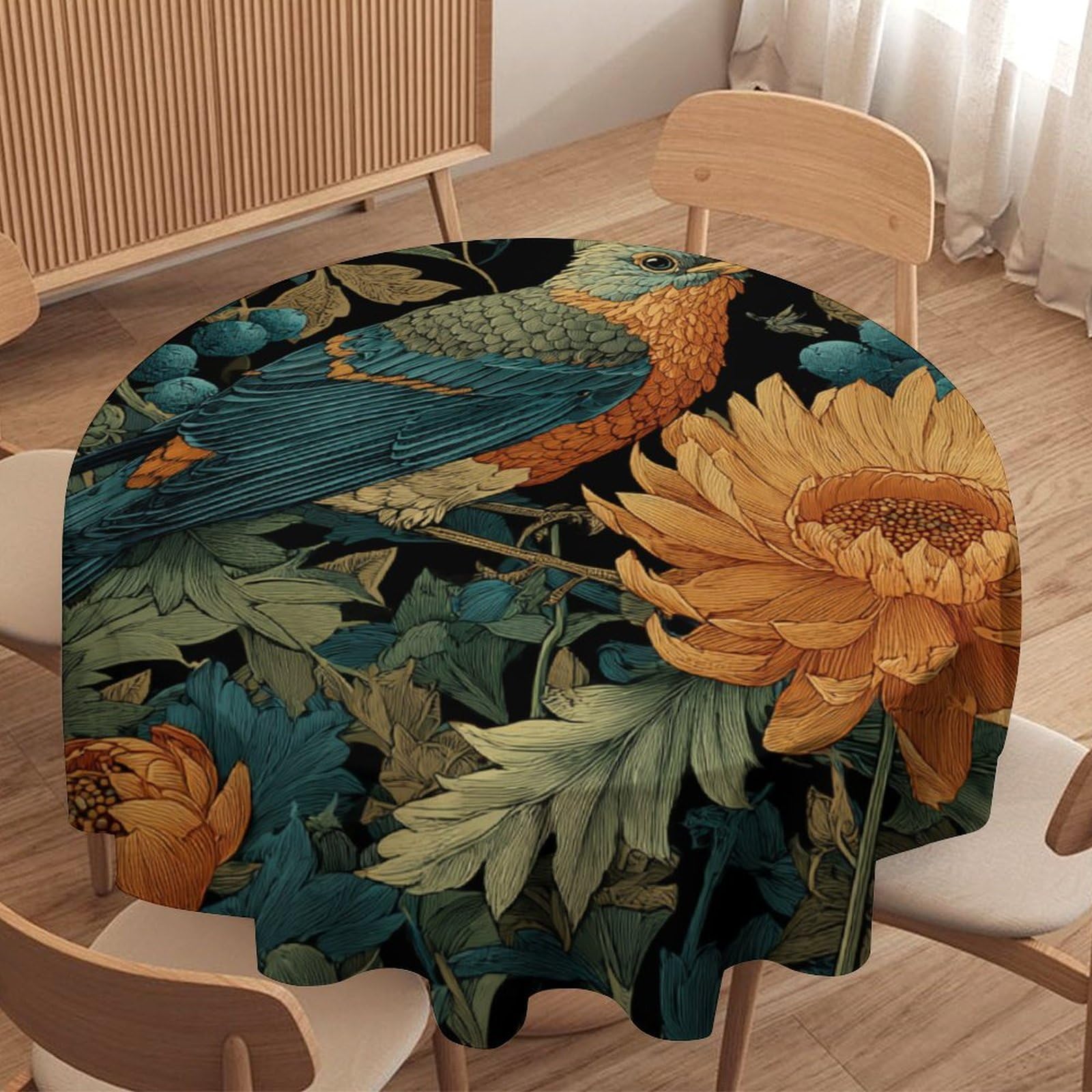 LUYYSKY Rustic Vintage Animal Bird Waterproof Round Tablecloth Antique Oil Painting William Morris Botanical Flowers Washable Table Cover for Kitchen-127 Wx127 L cm