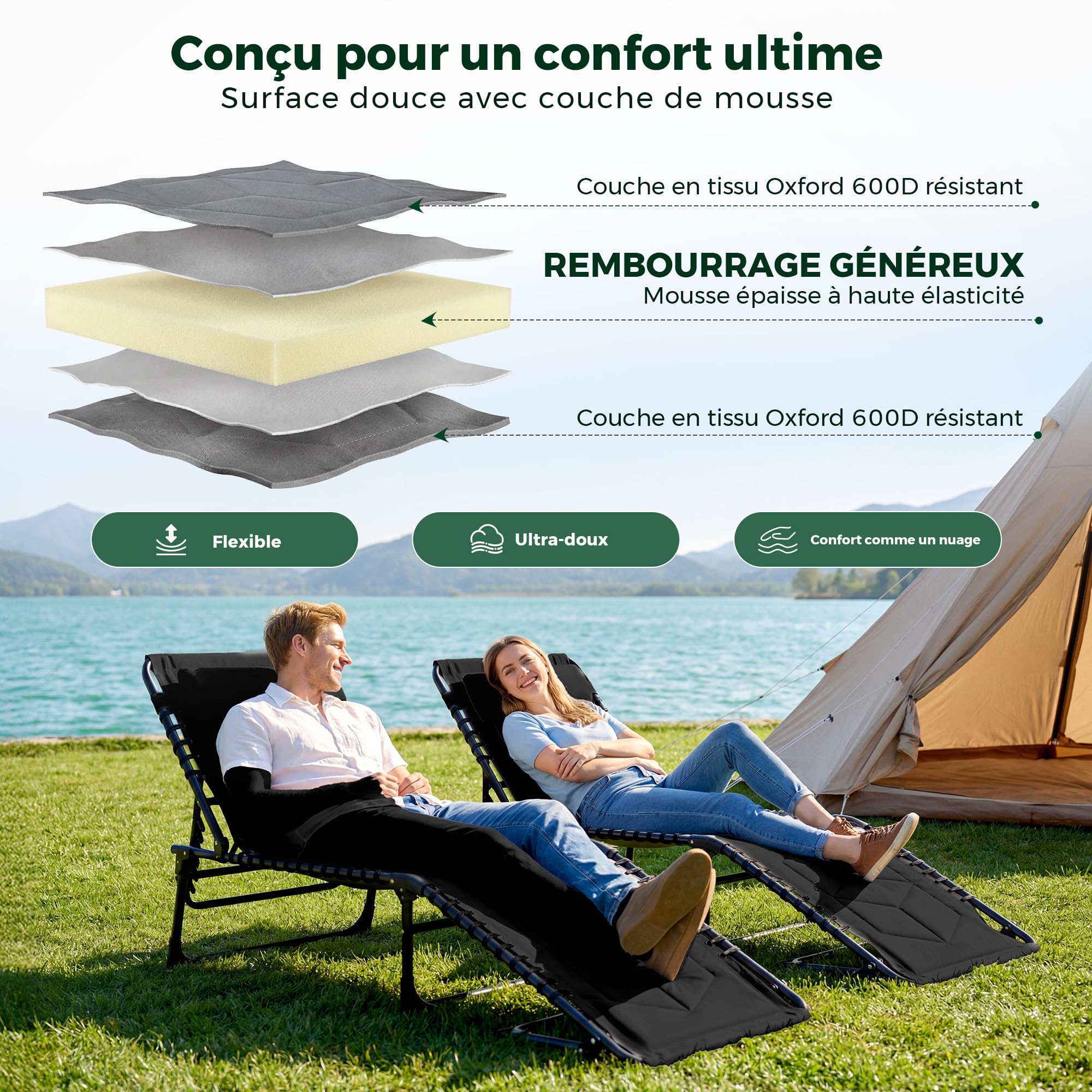 Palawano Transat de Jardin Extérieur Pliable Rembourré 190 × 70cm | Dossier Réglable 5 Positions , Appui-Tête Réglable, Cadre en Acier Supportant 200kg, Toile Oxford 600D ; Plié : 75×55×13cm