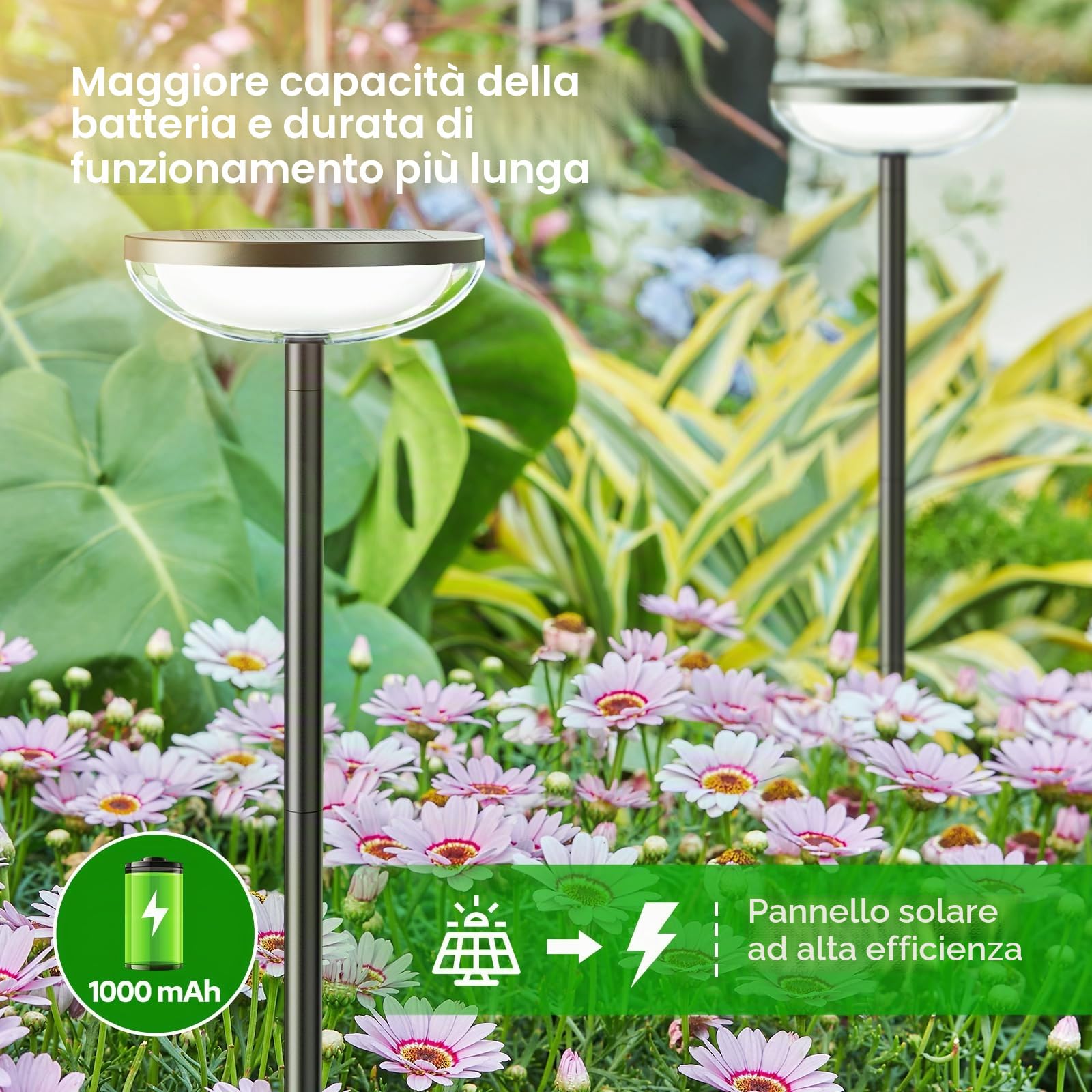 GEARLITE Lampade solari per esterni da giardino, 4 pezzi, luce bianca calda, per esterni, con batteria da 1000 mAh, 40 lumen, decorazione da giardino extra luminosa con IP65, impermeabile, per esterni