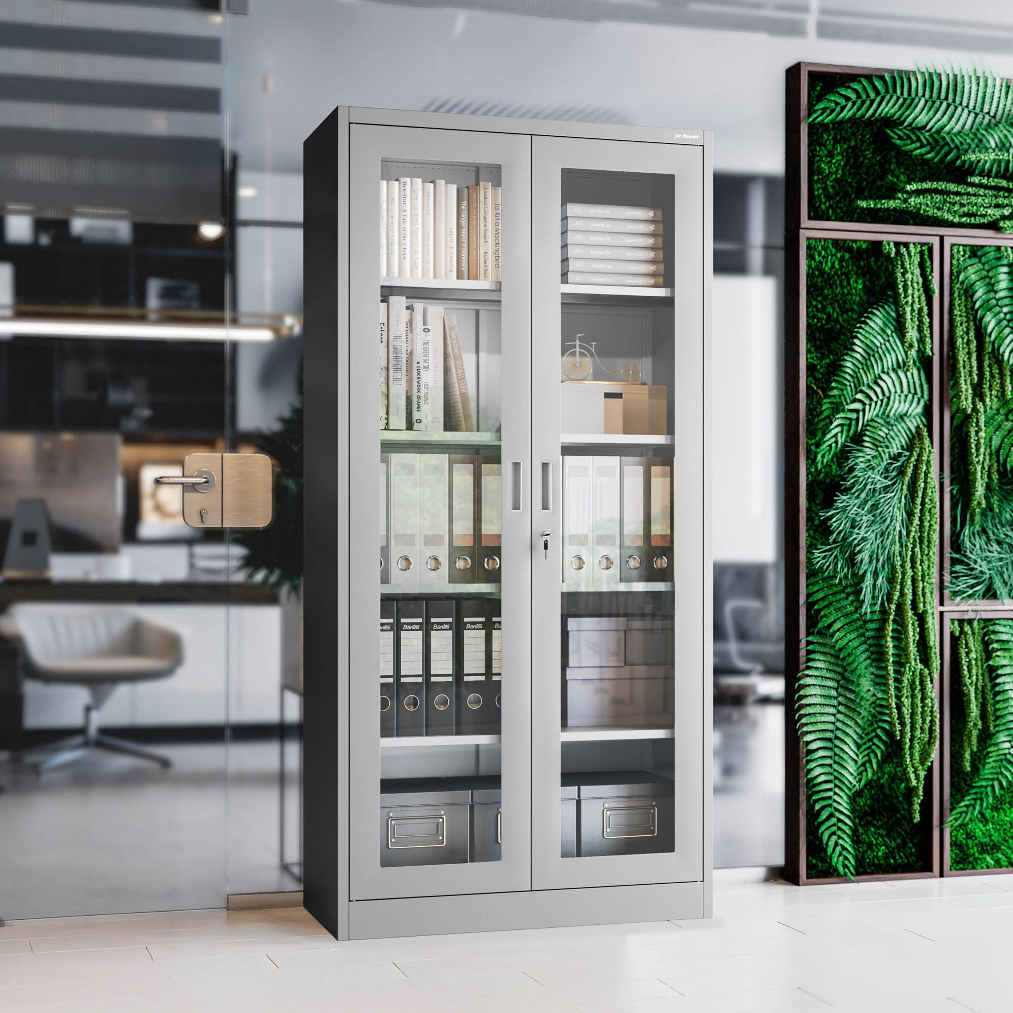 Jan Nowak Aktenschrank C012 Glasvitrine Büroschrank Universalschrank Flügeltürschrank Stahlblech Pulverbeschichtung abschließbar 185 cm x 90 cm x 40 cm (Grau)