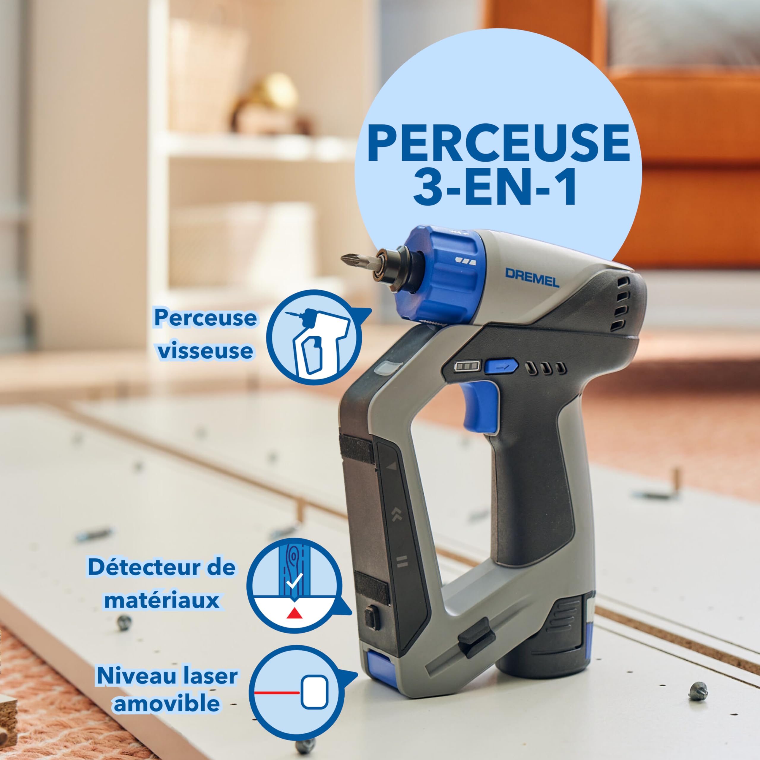 Dremel Blueprint 12V Perceuse-visseuse sans fil 3-en-1 avec détecteur de montants intégré, niveau laser et à bulle amovible, 9 embouts de vissage, 1 foret multi-matériaux