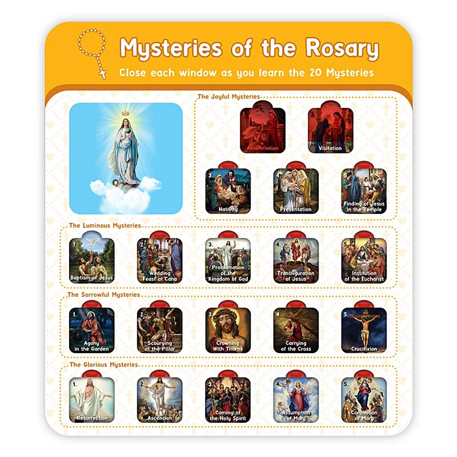 Needzo Learn The Rosary Catholic Educational Window Chart, Mass Follow Along Tool for Kids, 8 X 9 Inches