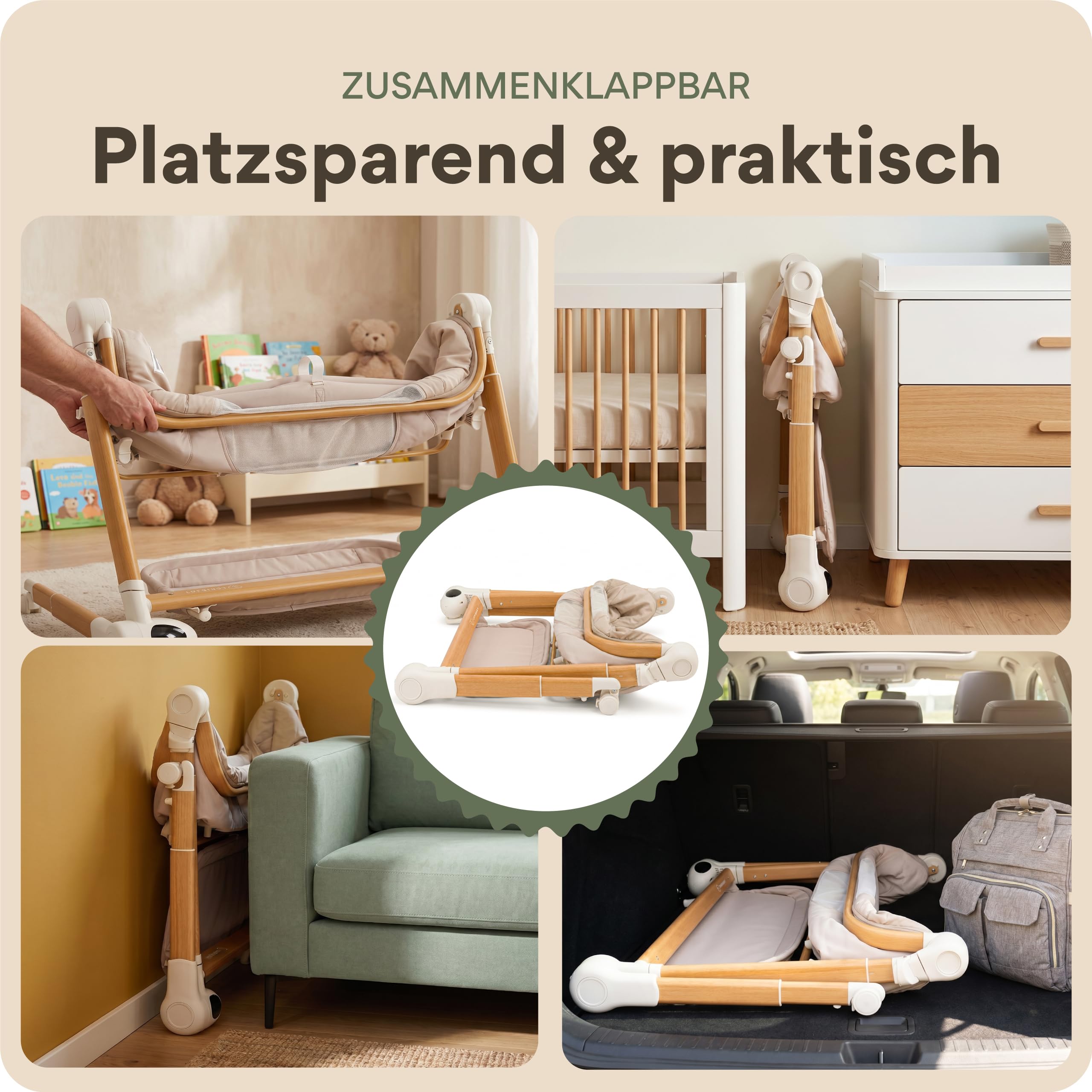 MaliDa Babybett mit Rollen | Beistellbett Baby Boxspringbett | Stubenwagen Höhenverstellbar mit Wiegefunktion | Reisebett Baby mit Matratze | Bett, Babywiege, Crib, Bassinet, Bed | Hell