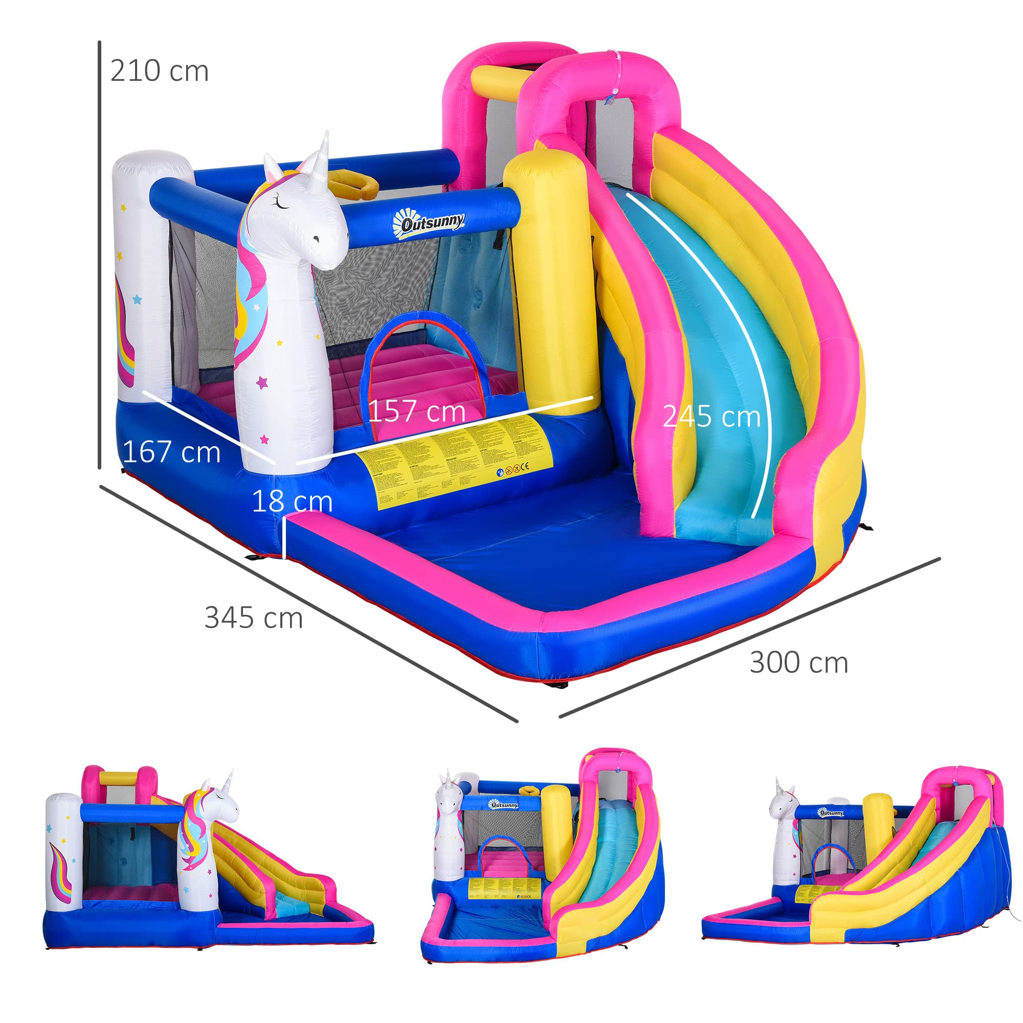 Outsunny Hüpfburg mit Gebläse 5 in 1 aufblasbare Wasserpark im Einhorn-Design mit Wasserrutsche Planschbecken Trampolin Basketballkorb Hüpfburgen für 3–8 Jahre Kinder für Indoor Outdoor 360x305x210 cm