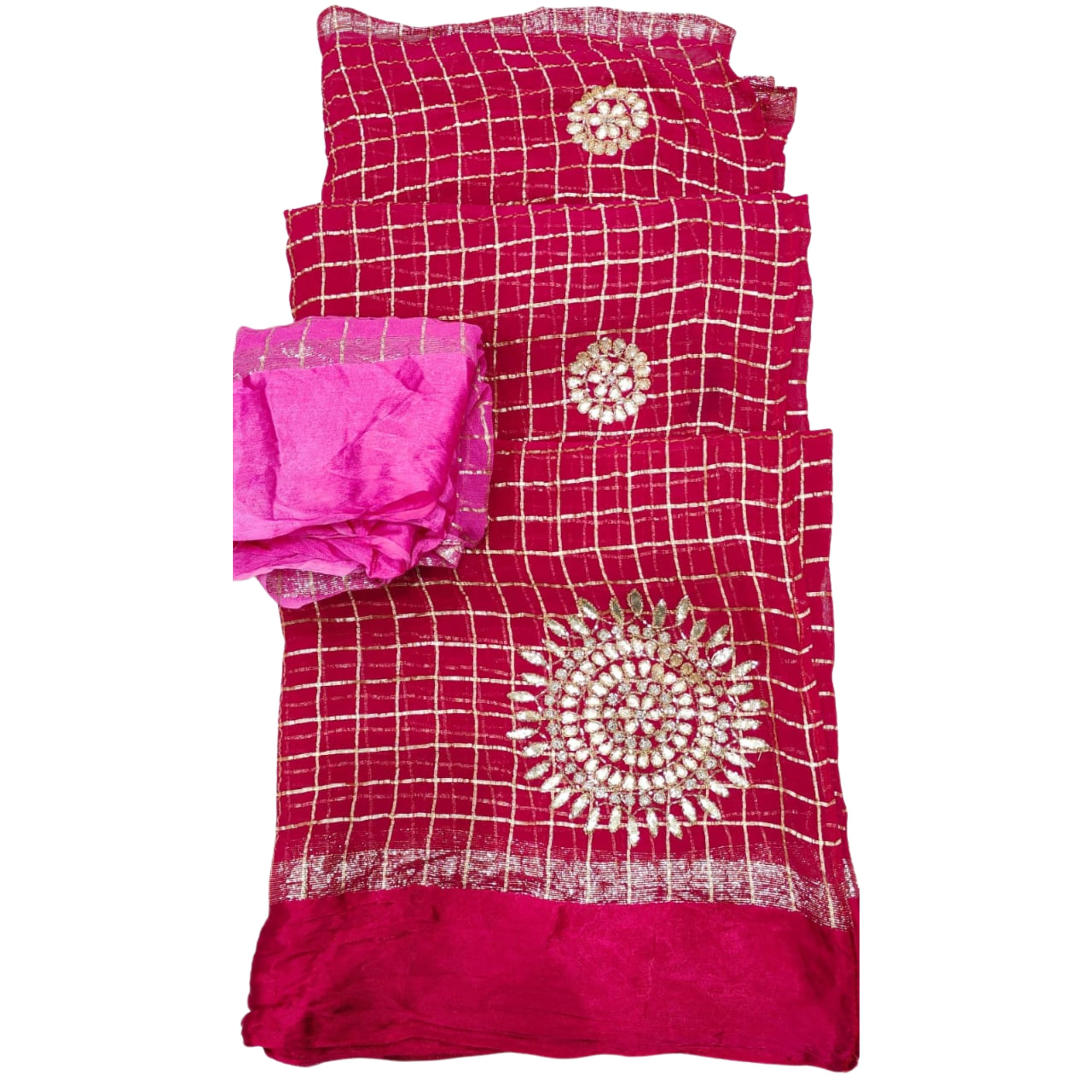 Designer Women’s Saree Fabric Pure Viscose Georgette with Elegant Mirror Work and Zari Check Design with Unstitched Blouse Wedding & Festive-image-0
