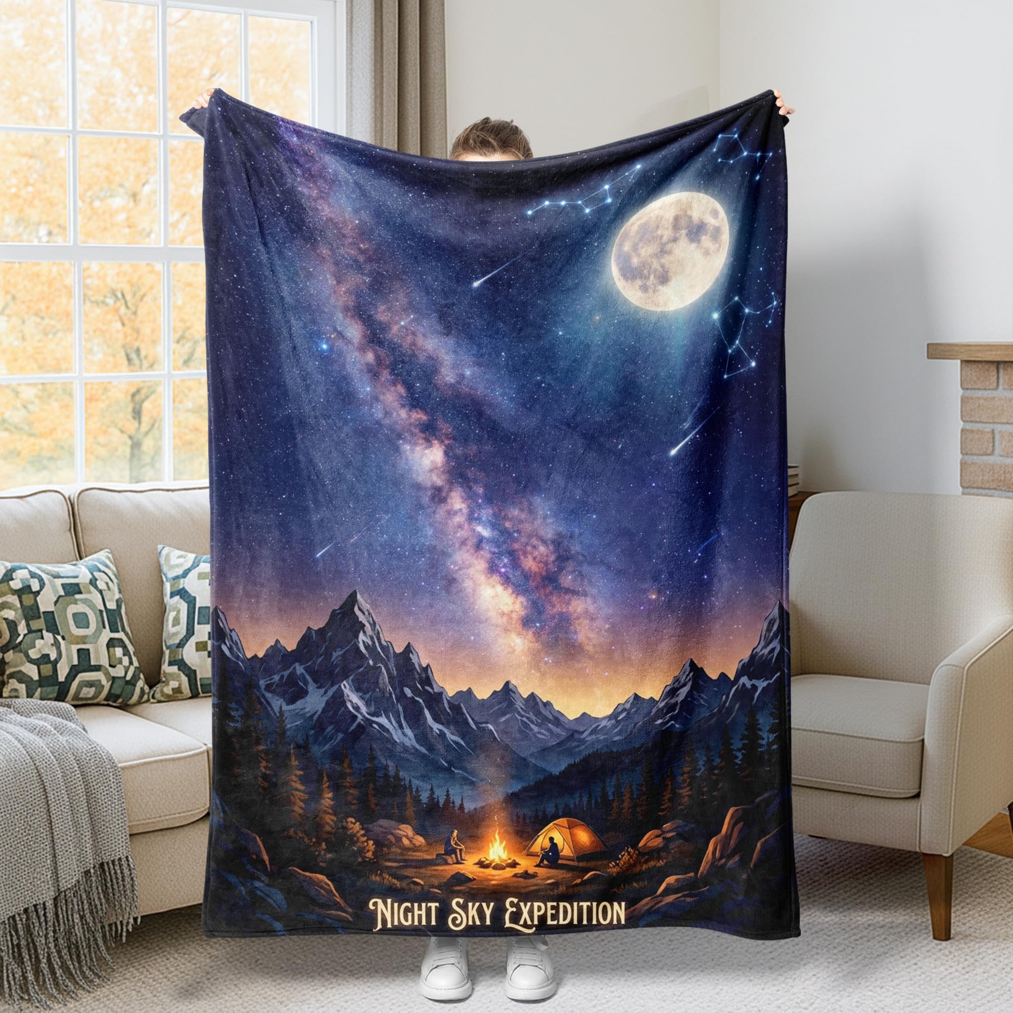 Couverture pelucheuse contre le froid motif montagne lune étoiles bleu