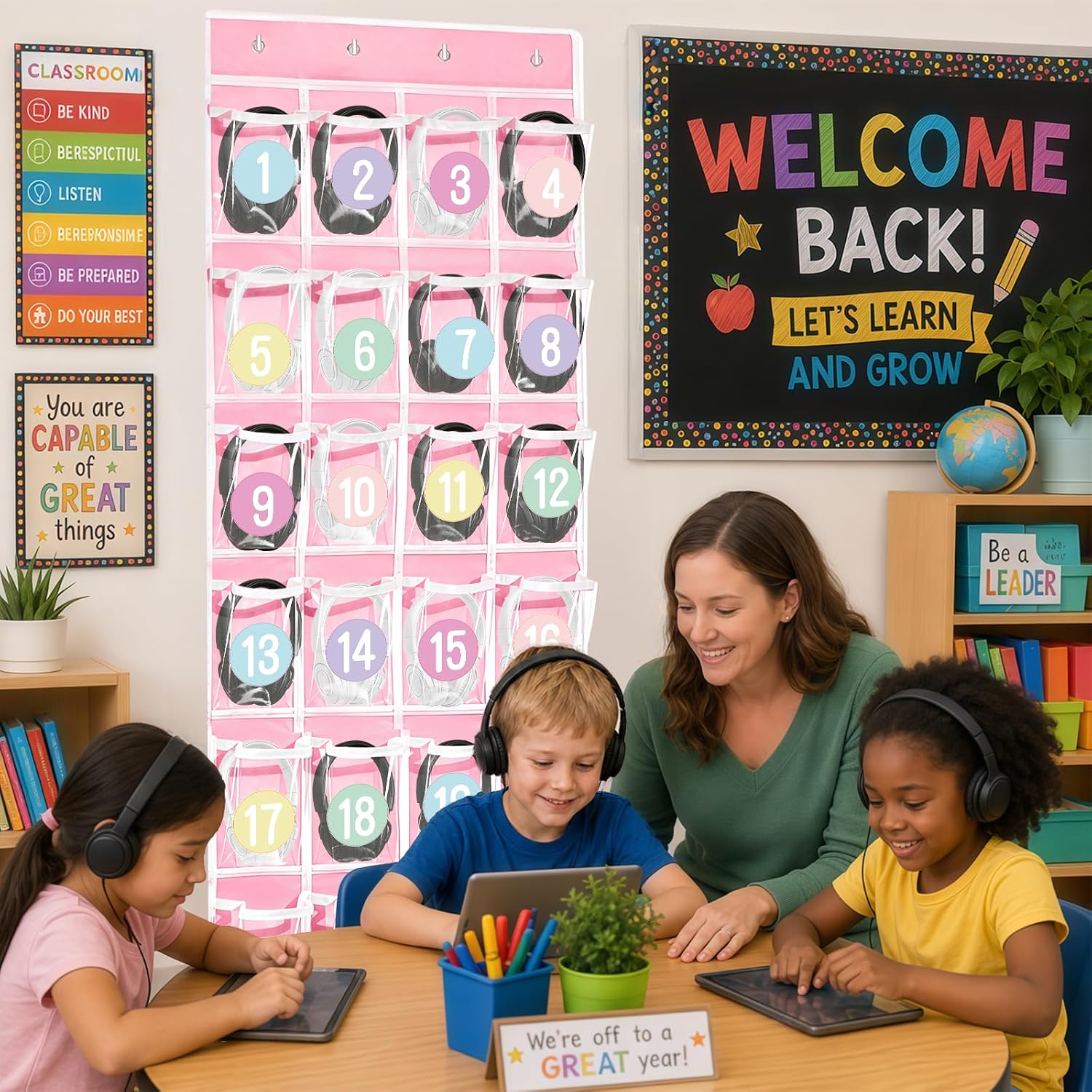 Lebaley 2 Pack Headphone Storage Classroomr with 48 Pockets - PVC Clear Classroom Storage for Headphone Cell Phone,Over the Door Headphone Holder Bag with 48 Numbers Stickers and 48 Labels