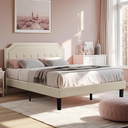 Miniatura 28 de VECELO Base de cama de tamaño matrimonial con cabecera ajustable copetuda, base de colchón, soporte de listones de madera, fácil montaje, color gris