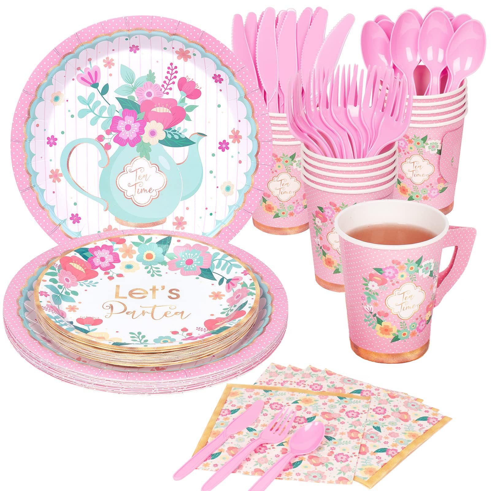 NALACAL Tea Party Supplies Serves 16, Tea Party Plates and Napkins Sets Include Paper Saucers, Teacups with Handles, Tableware for Girl's Birthday, Tea Party Decorations, Total 112 PCS