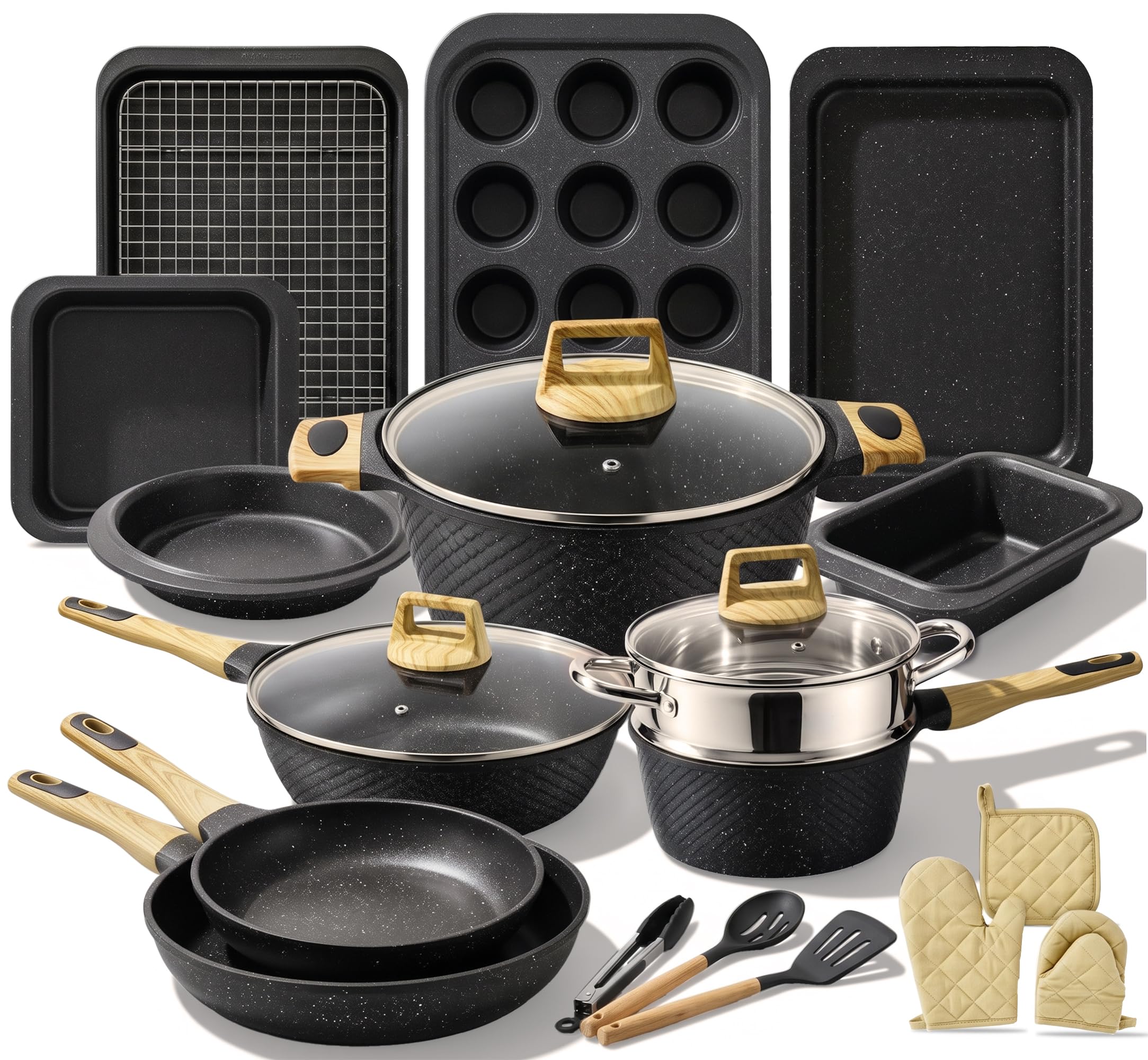 22-Piece Nonstick Ceramic Cookware Set – Pots and Pans Set with Bakeware, Utensils & Oven Mitts, Induction Compatible, PTFE & PFAS Free, Tempered Glass Lids, Cool-Touch Handles -Black