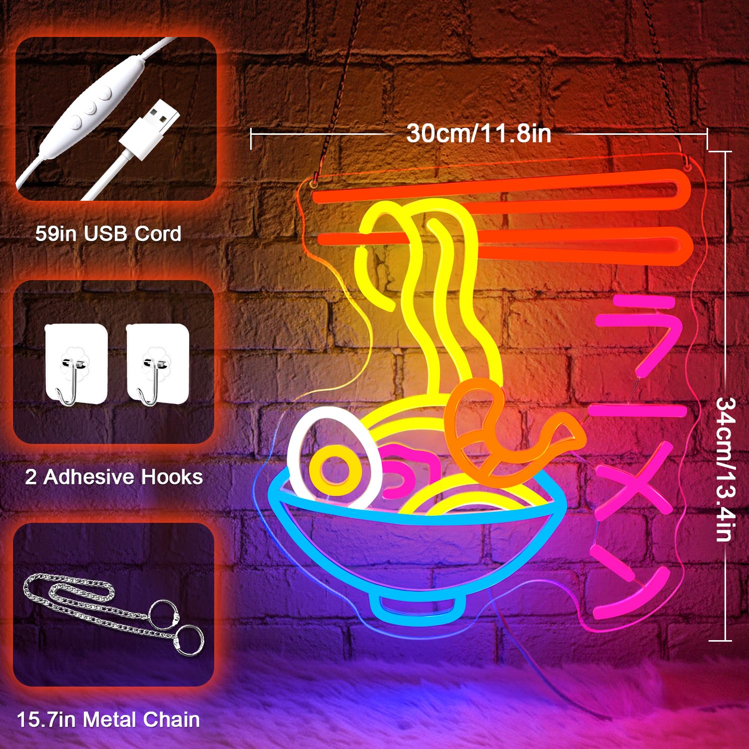 Enseignes lumineuses Ramen, néon de nouilles, enseignes au néon Japanesse Ramen pour decor murale, bol de Ramen LED neon alimentaire pour cuisine bar salle à manger restaurant (ラーメン)