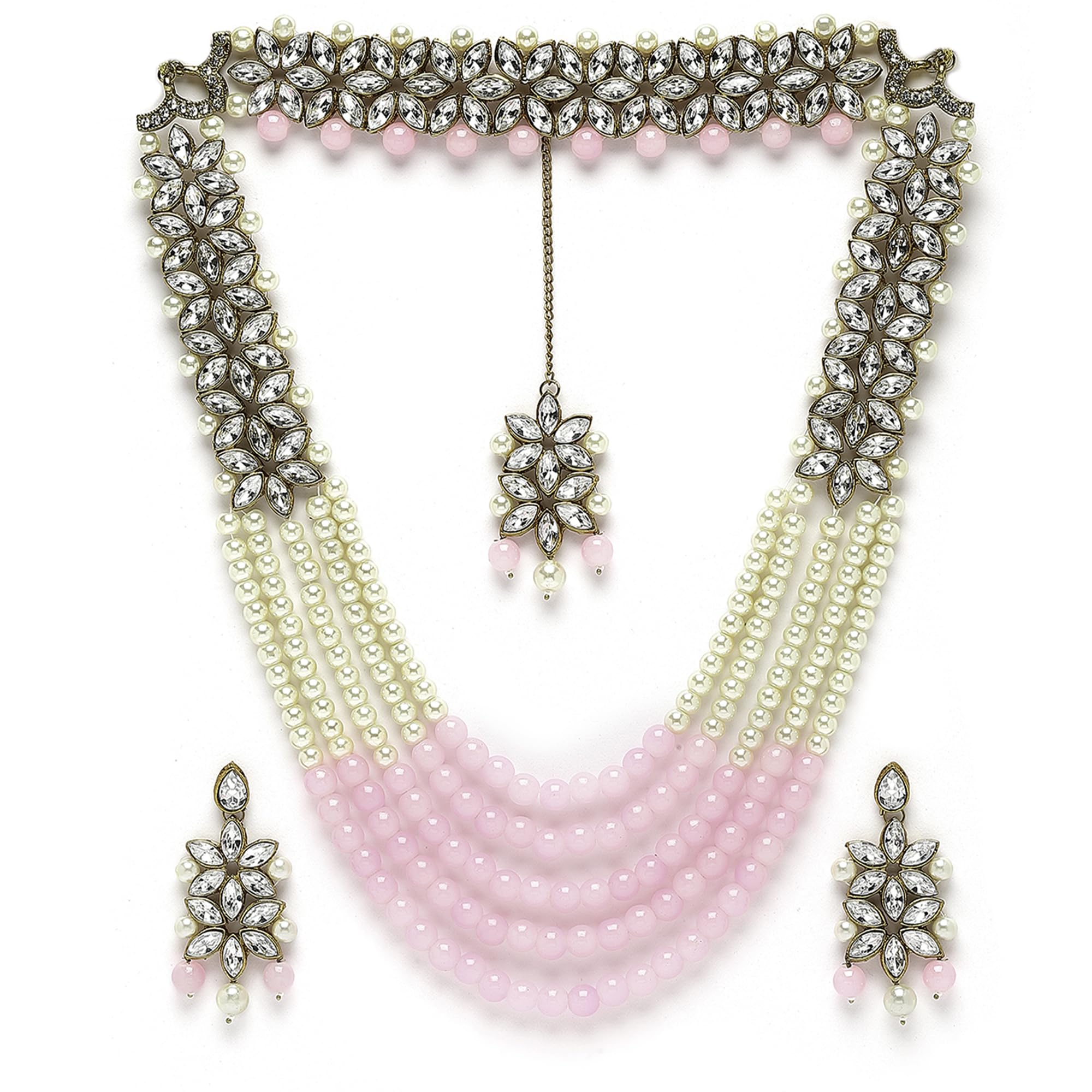 ZENEME Jewellery Sets for Women Gold Plated Bridal Long Necklace Set Neck Choker with Earrings and Maang Tikka for Women & Girls (Pink & White) (B0CGV3WQT9) Amazon Price History, Amazon Price Tracker