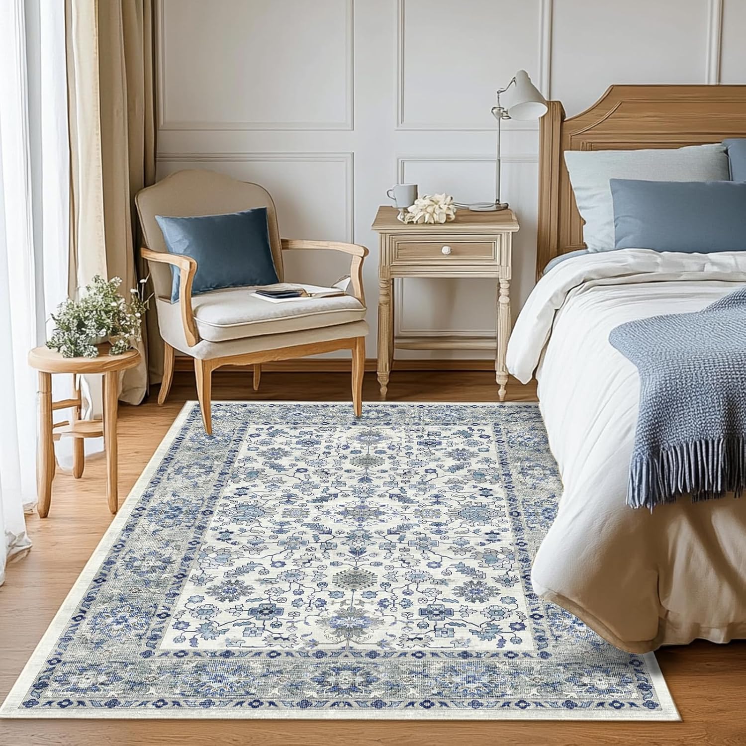 area rug for living room 3x5, machine washable vintage oriental soft carpet, low pile thin floor area rugs with non slip backing for office door mat kitchen bathroom indoor dorm dining room blue 3x5